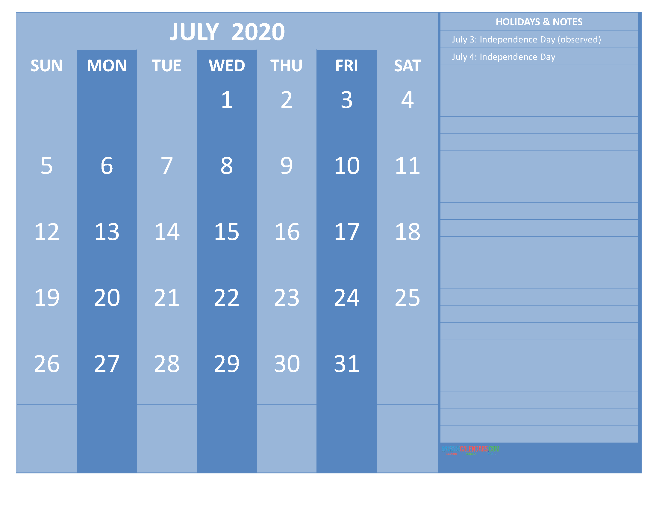 Free Printable July 2025 Calendar With Holidays