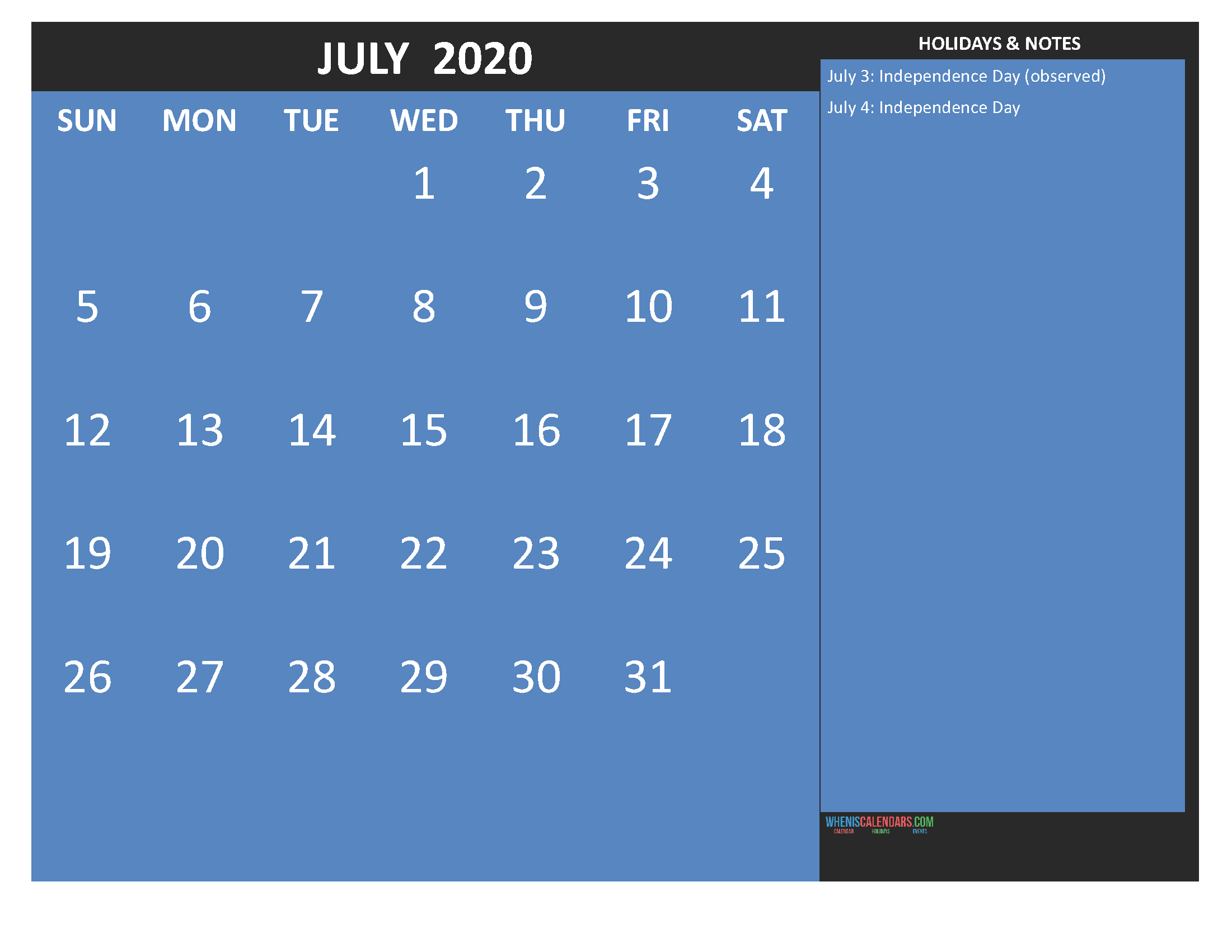 Free Printable Monthly Calendar 2020 July with Holidays
