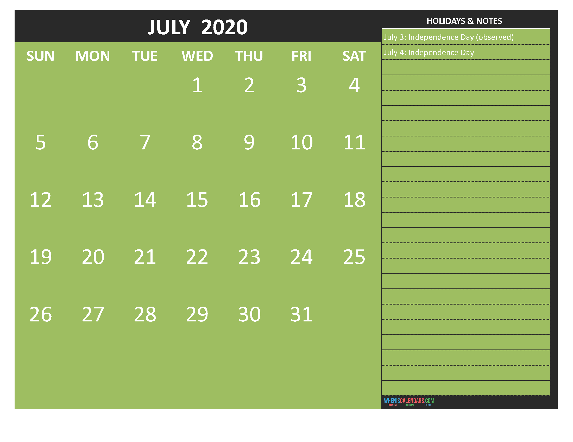 Free Monthly Printable Calendar 2020 July with Holidays