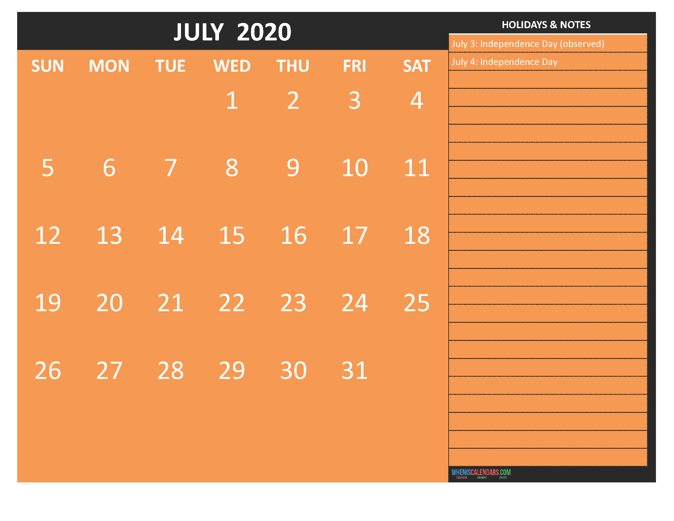 Printable July 2020 Calendar with Holidays Word