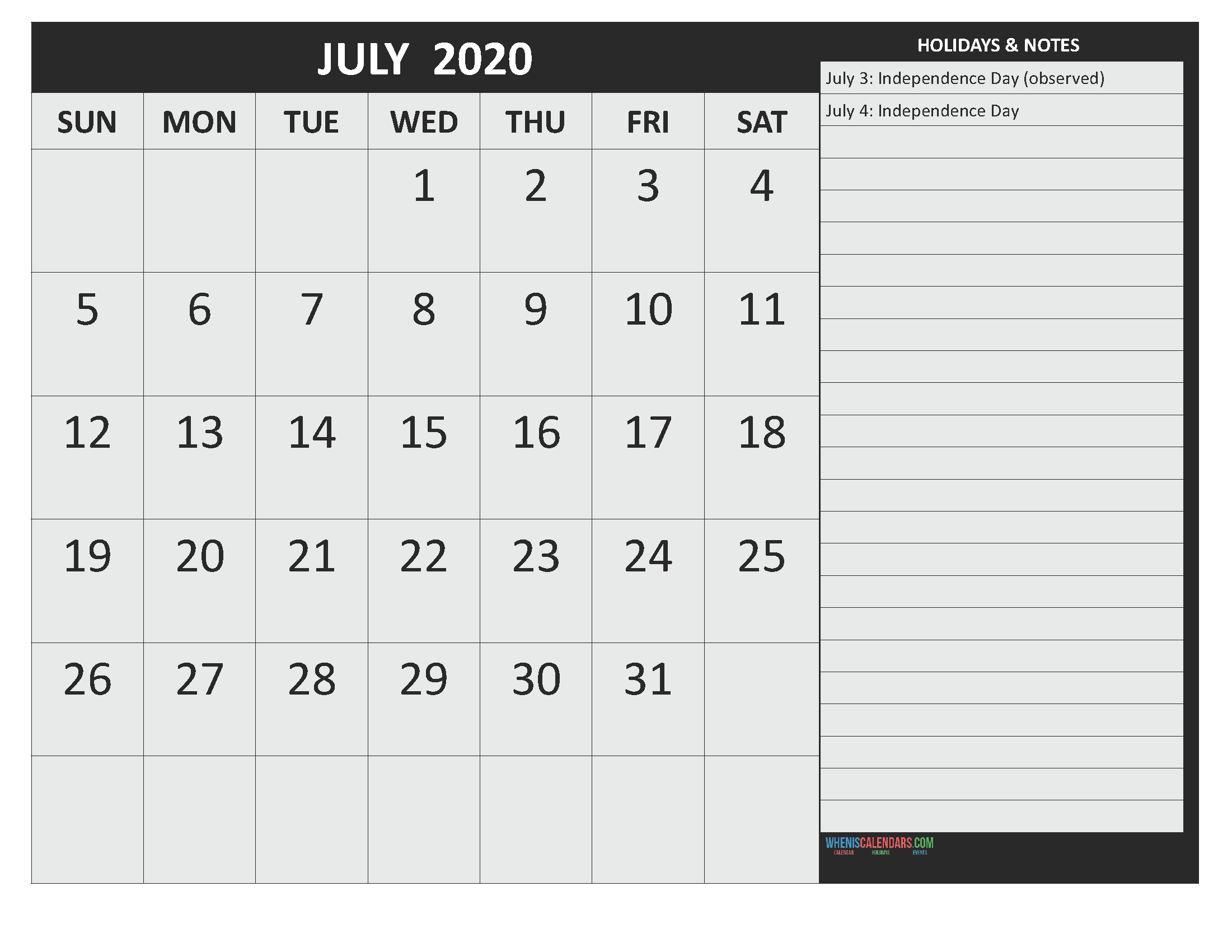 Free July 2020 Monthly Calendar Template Word
