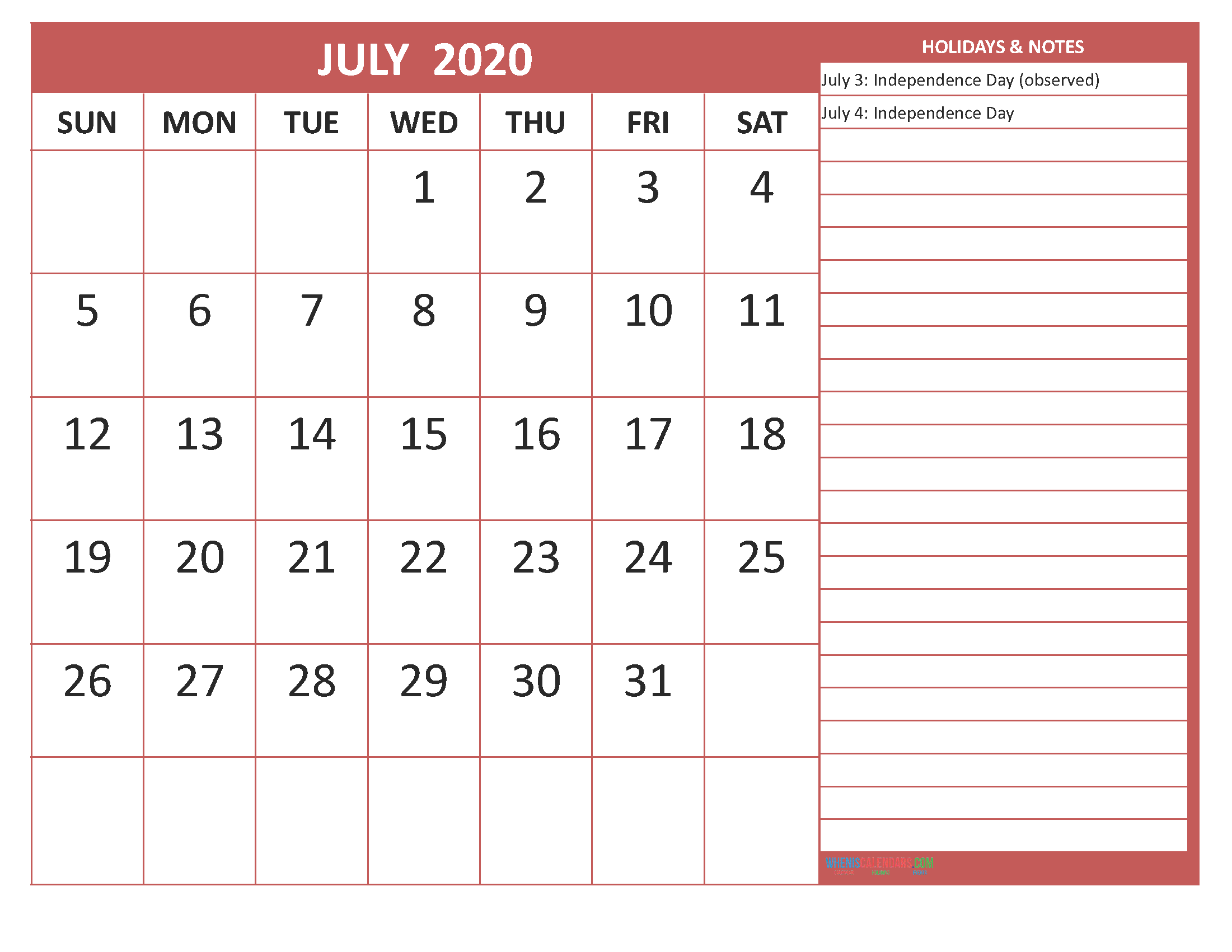 Free Printable Monthly 2020 Calendar with Holidays July