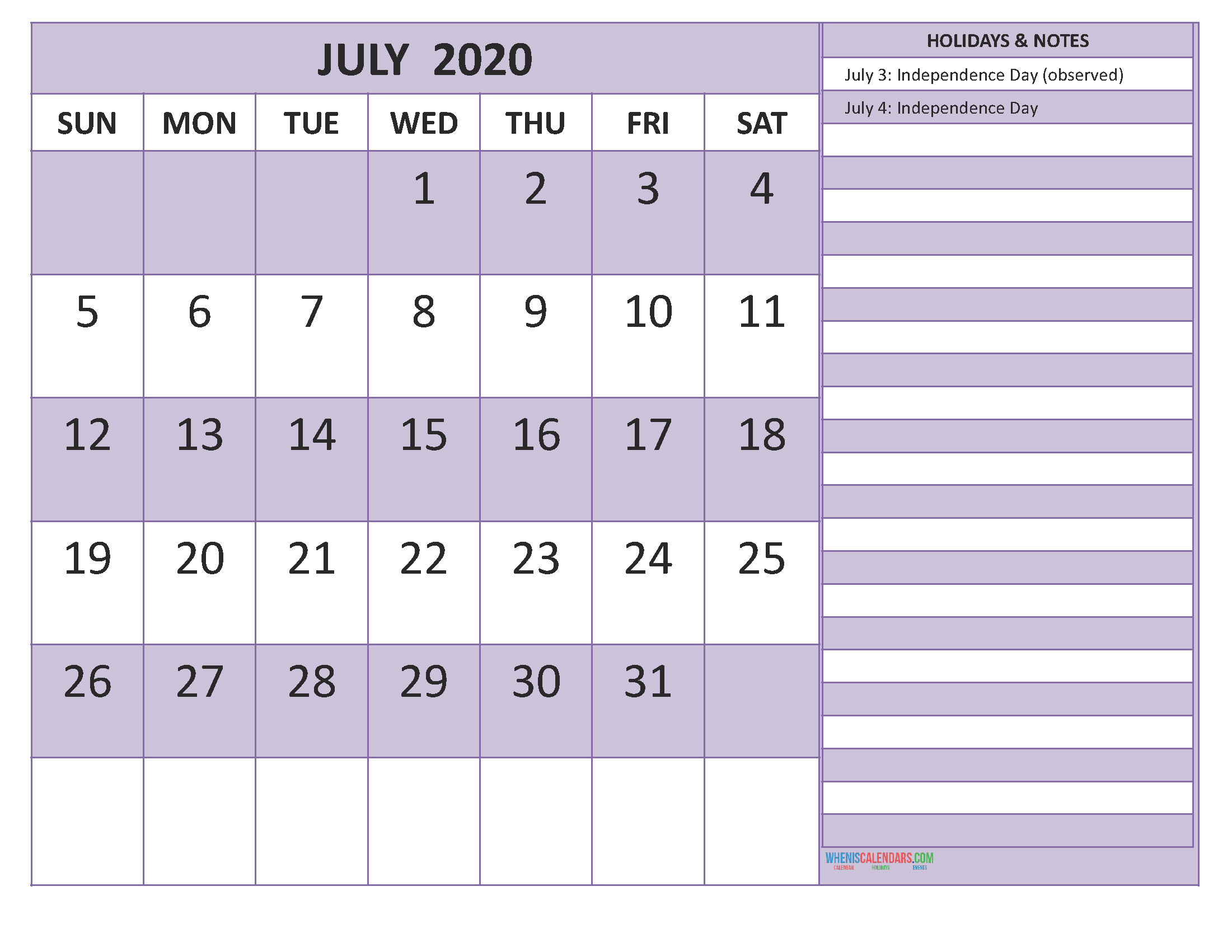 Free Printable July 2020 Calendar with Holidays