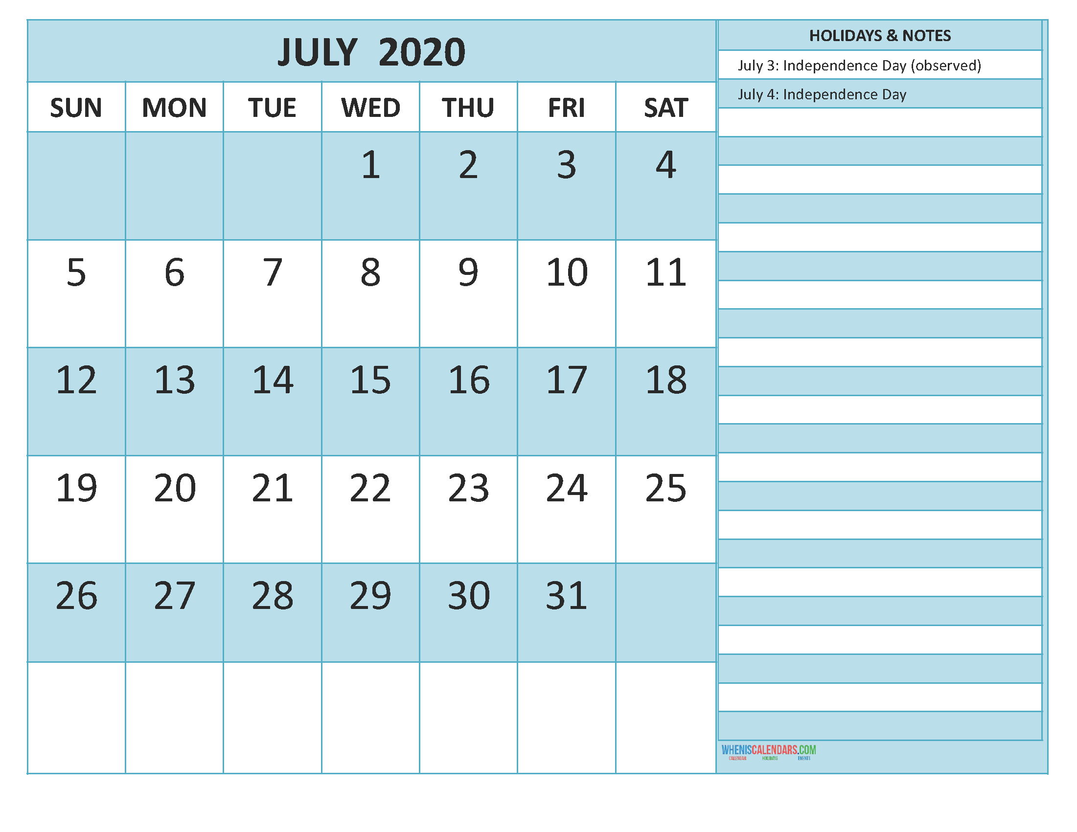 Free Printable Monthly Calendar 2020 July with Holidays