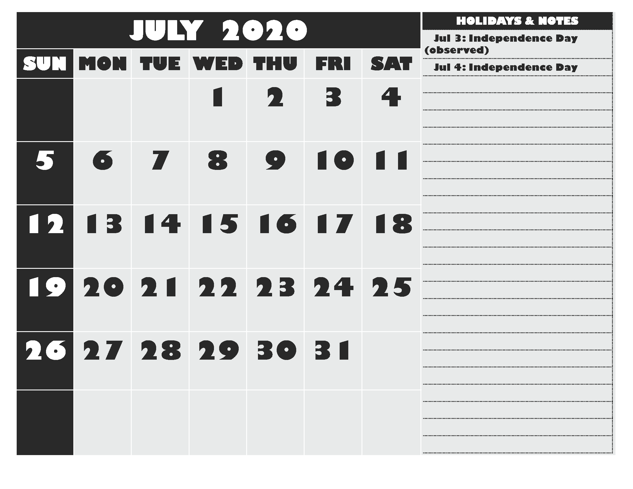 Free Printable July 2020 Calendar with Holidays