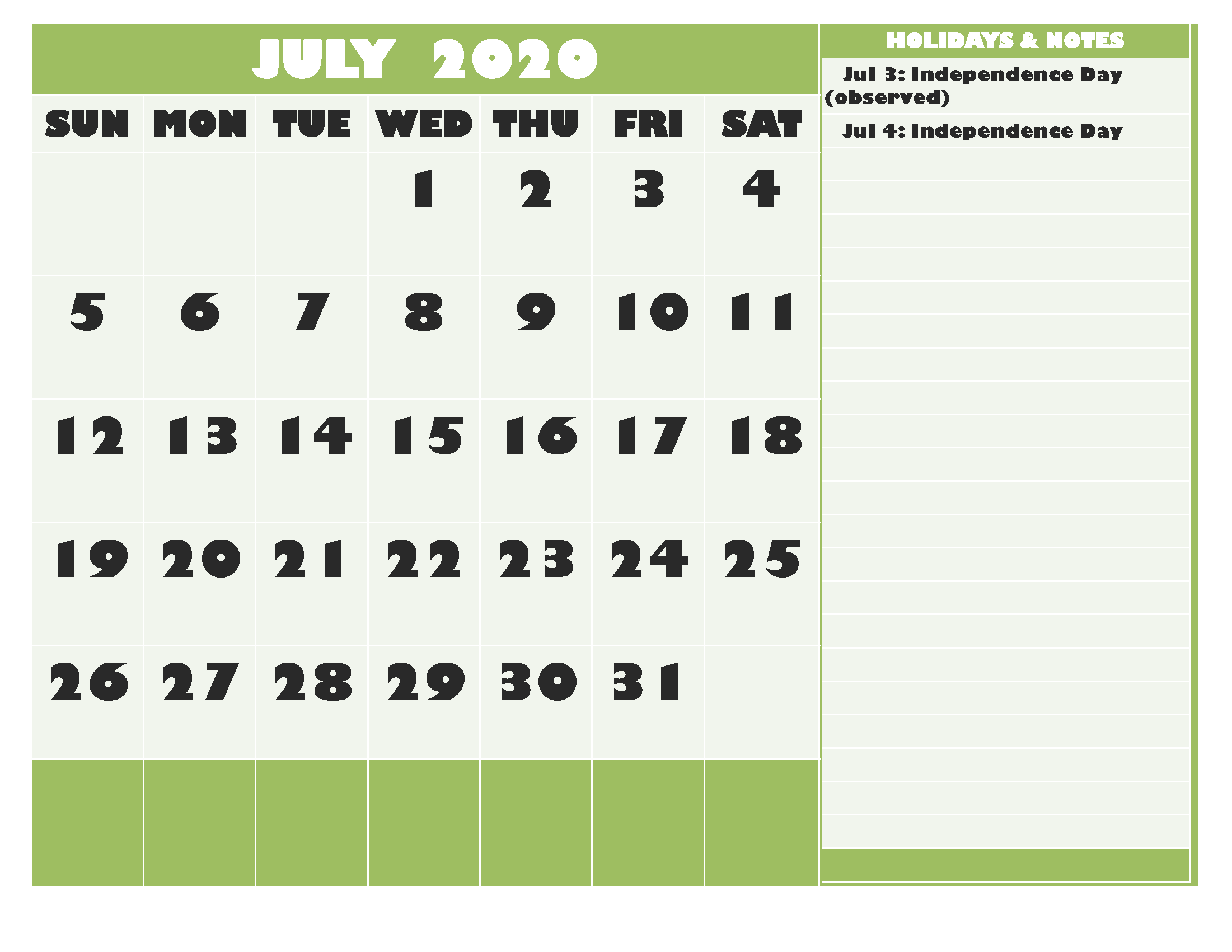 July 2020 Calendar with Holidays Free Printable