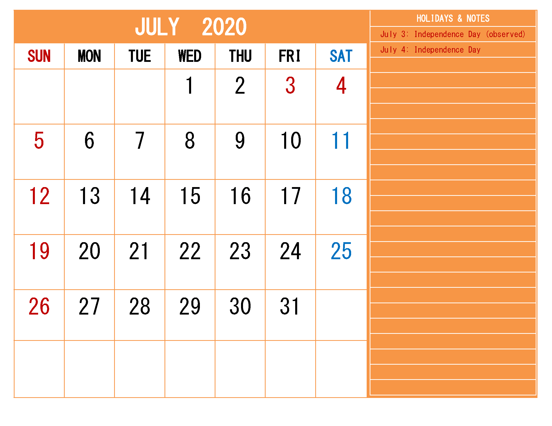 Free Monthly Printable Calendar 2020 July with Holidays
