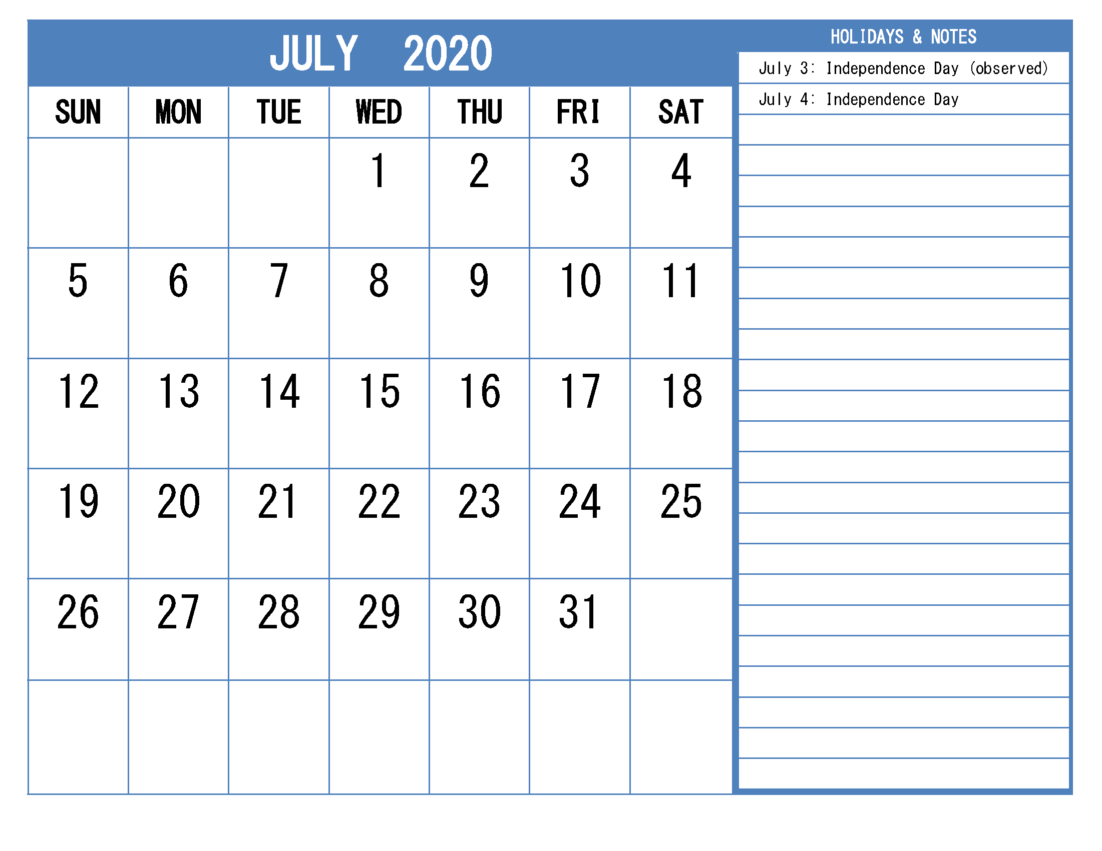 Free Printable Monthly 2020 Calendar with Holidays July