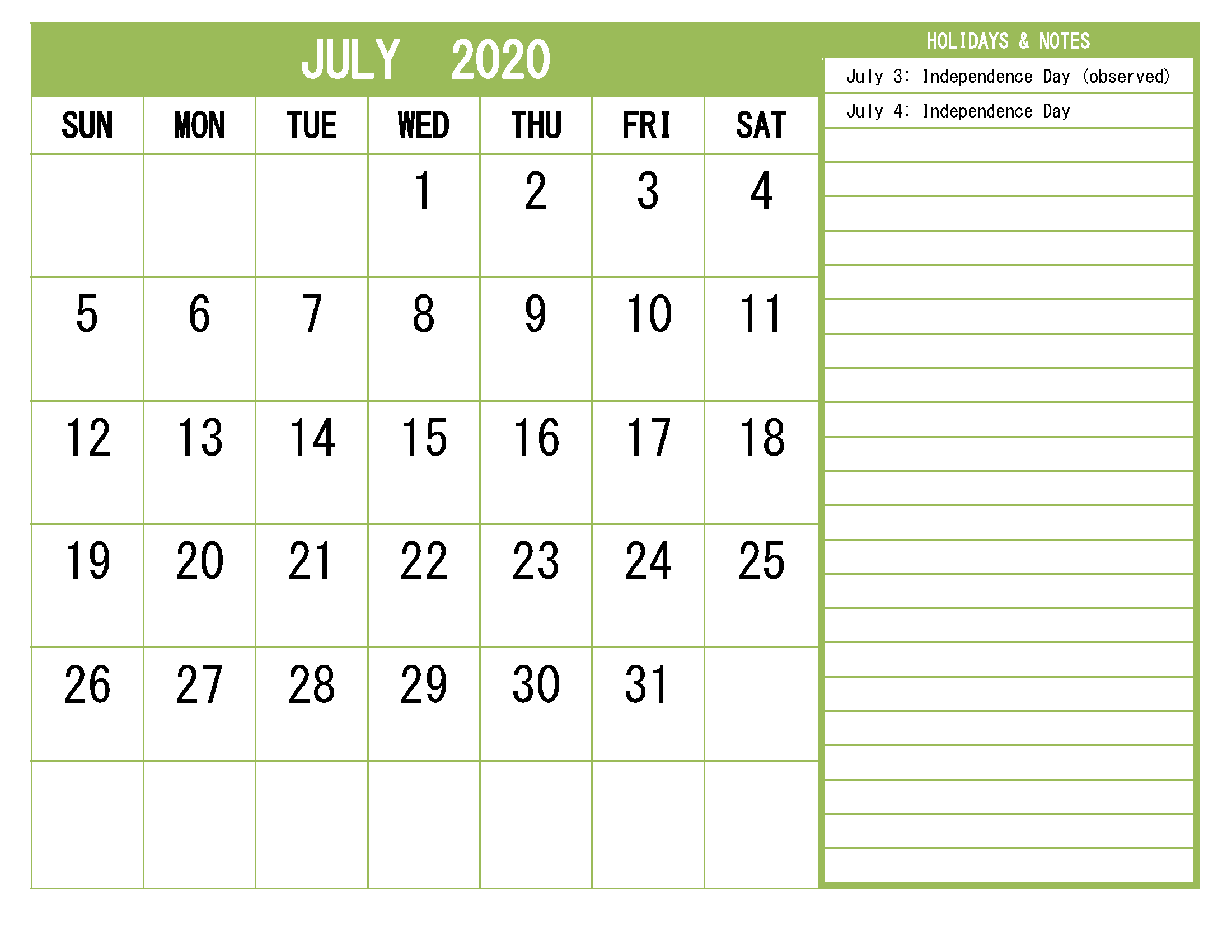 Printable July 2020 Calendar with Holidays Word