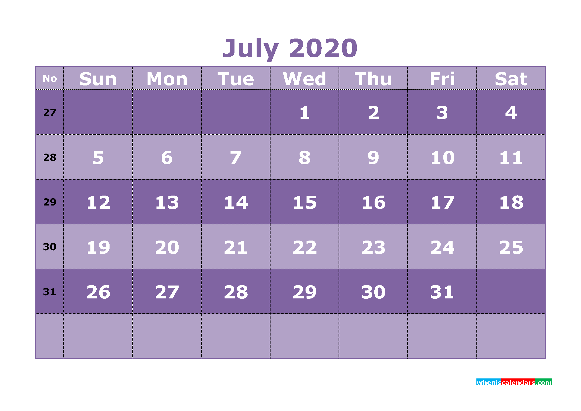 Printable July 2020 Calendar with Week Numbers