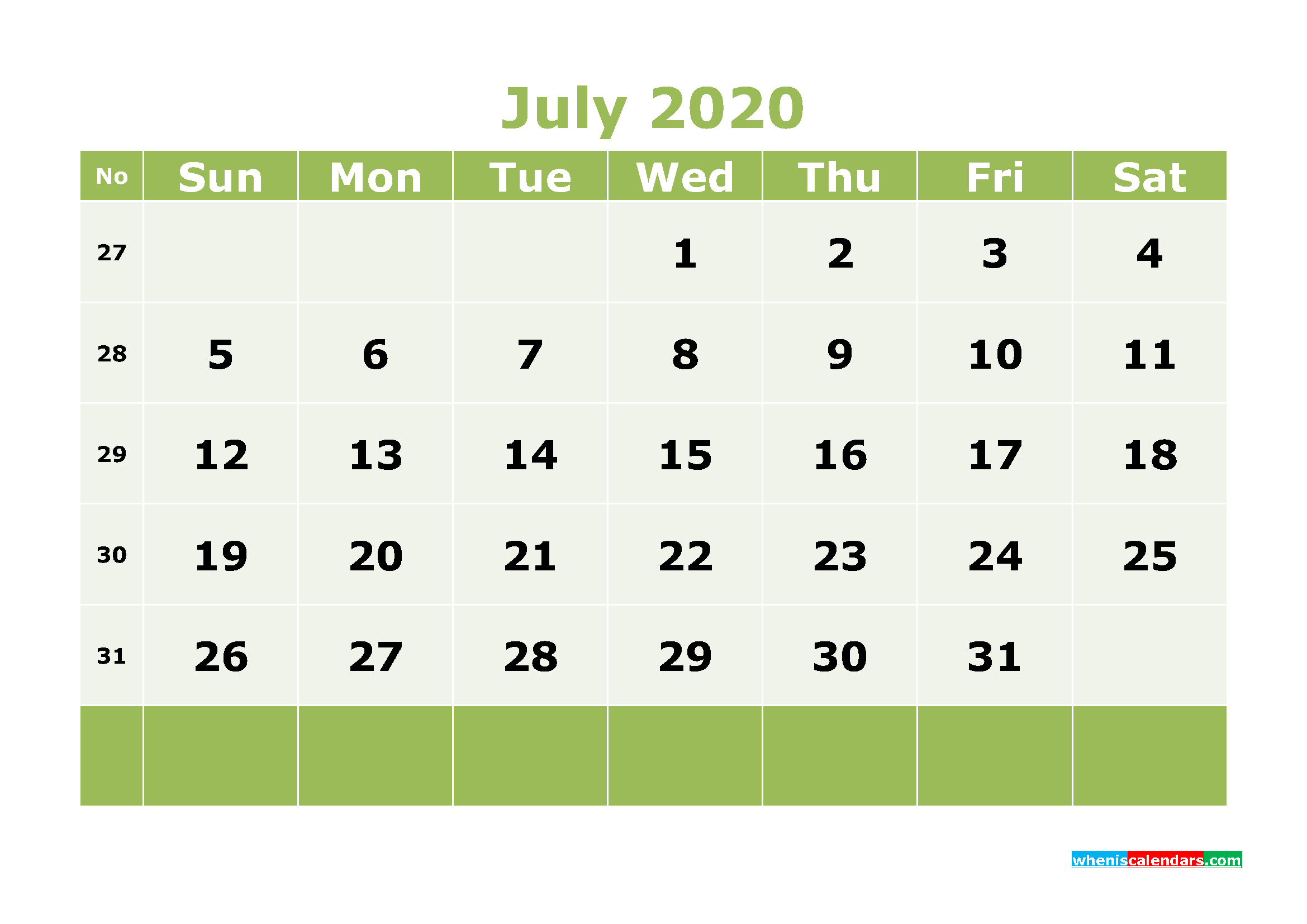 Printable July 2020 Calendar with Week Numbers