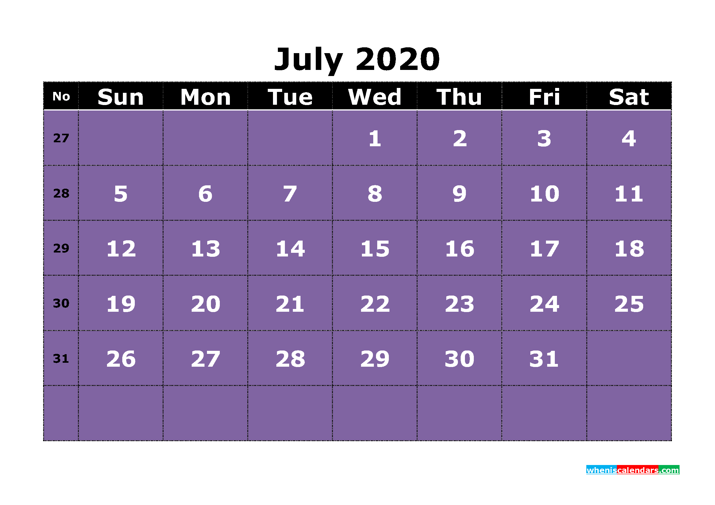 Free Printable July 2020 Calendar Word, PDF