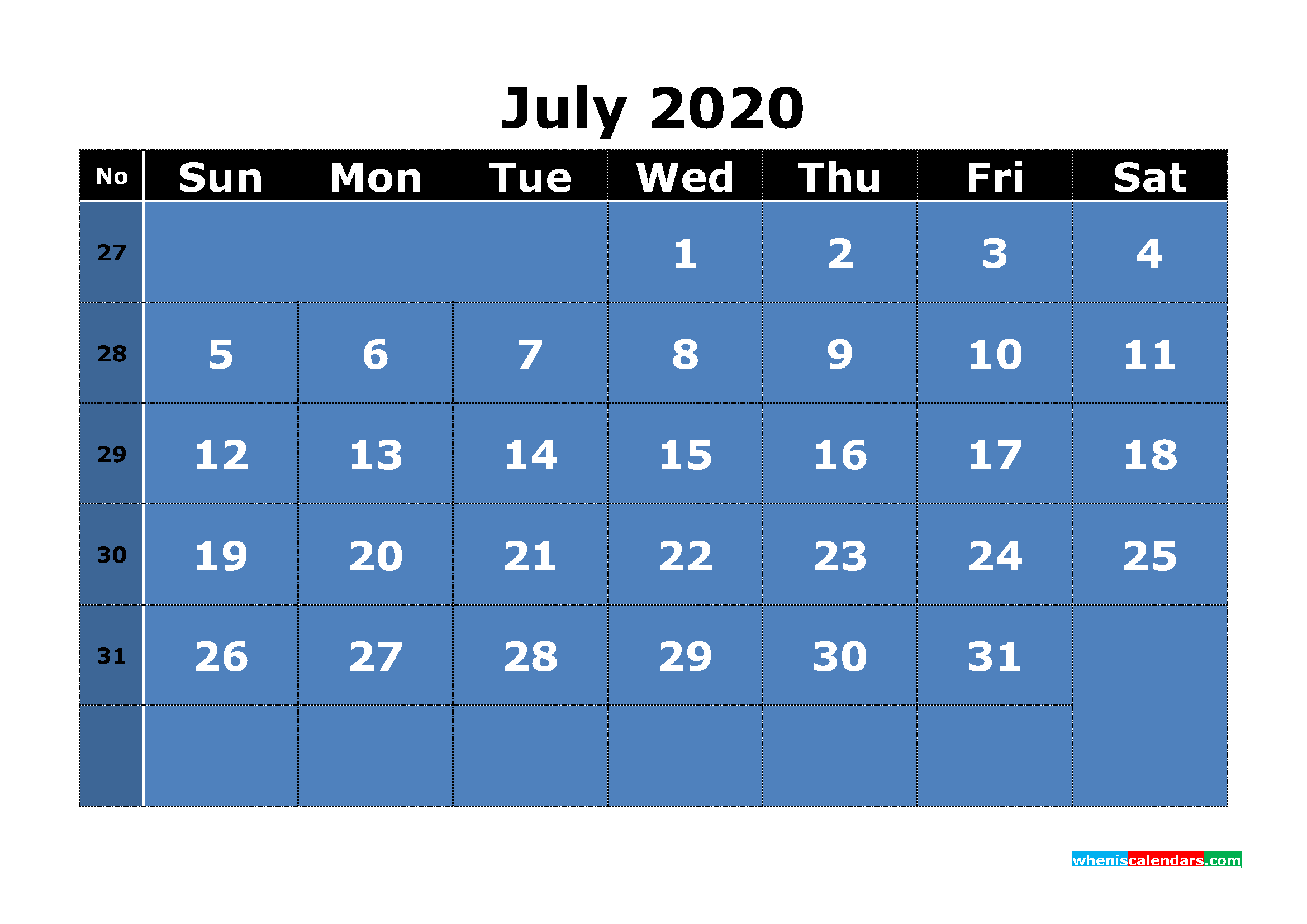 Free Printable July 2020 Calendar Word, PDF
