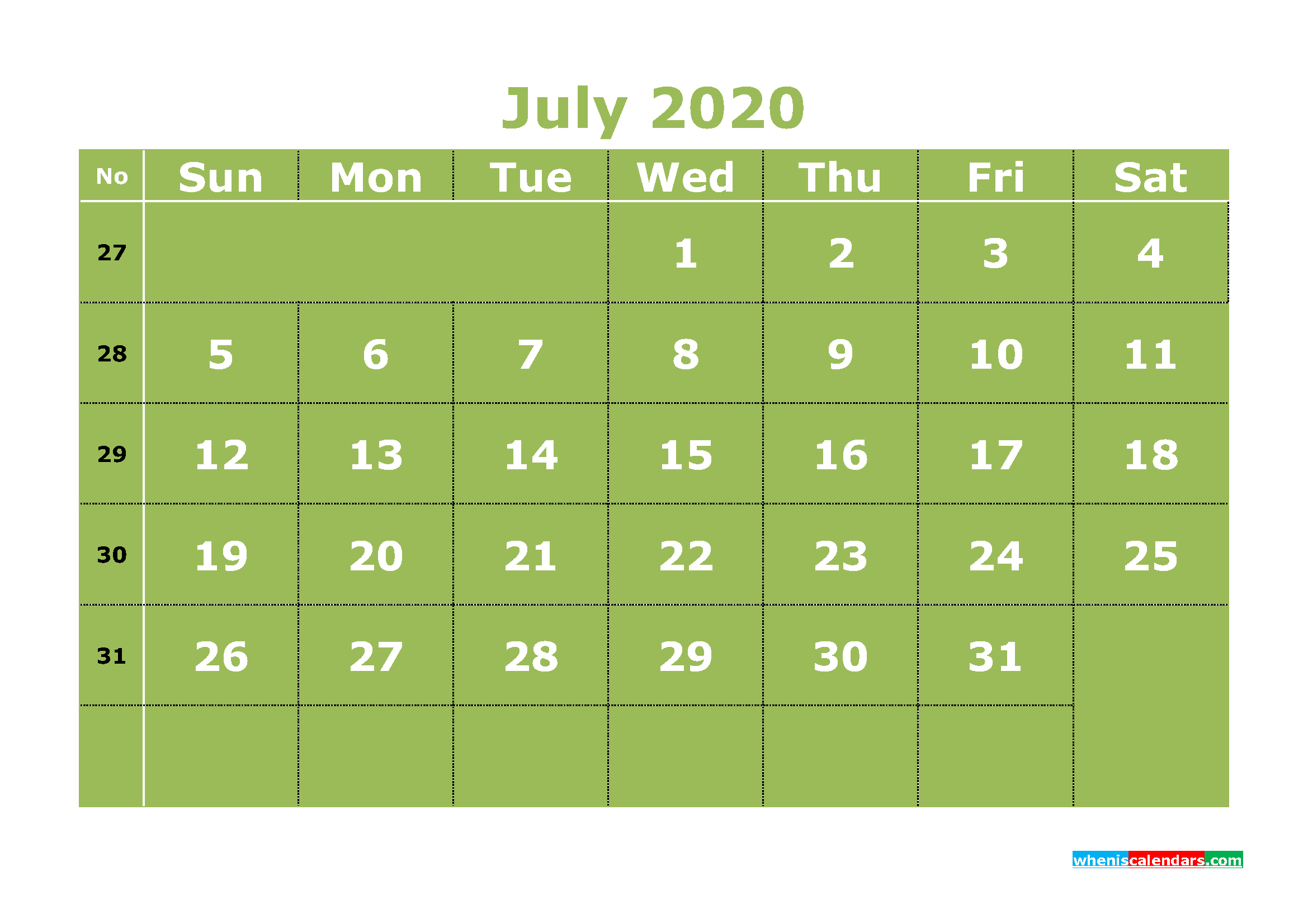 Free Printable July 2020 Calendar Templates