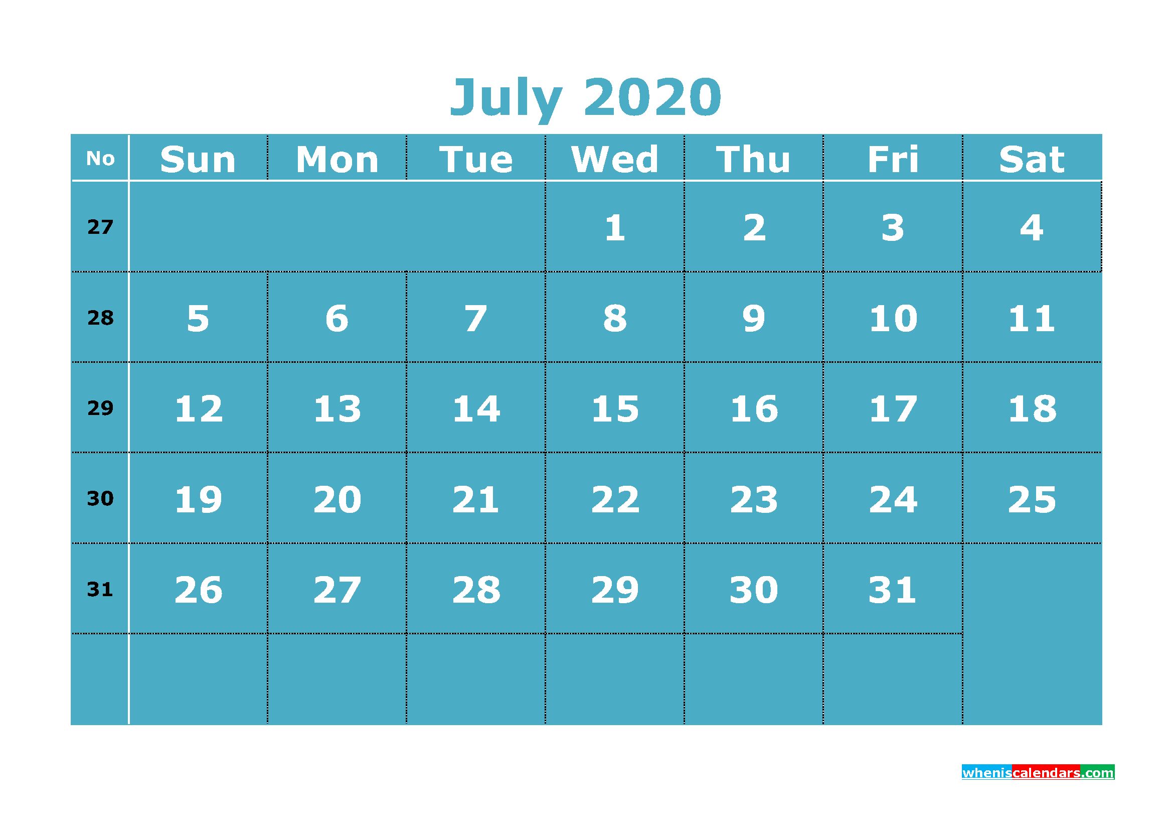 Printable July 2020 Calendar Template Word, PDF
