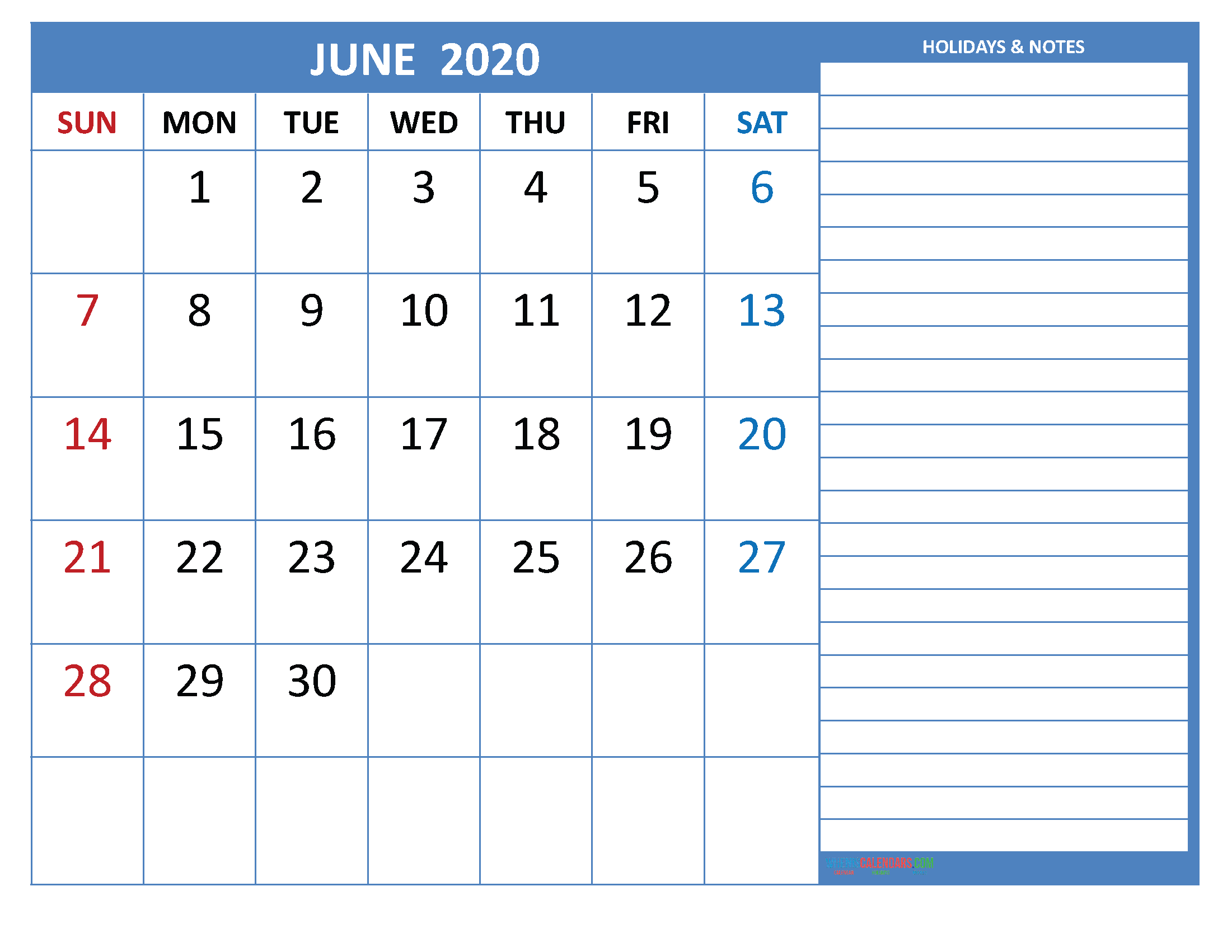Free Printable Monthly 2020 Calendar with Holidays June