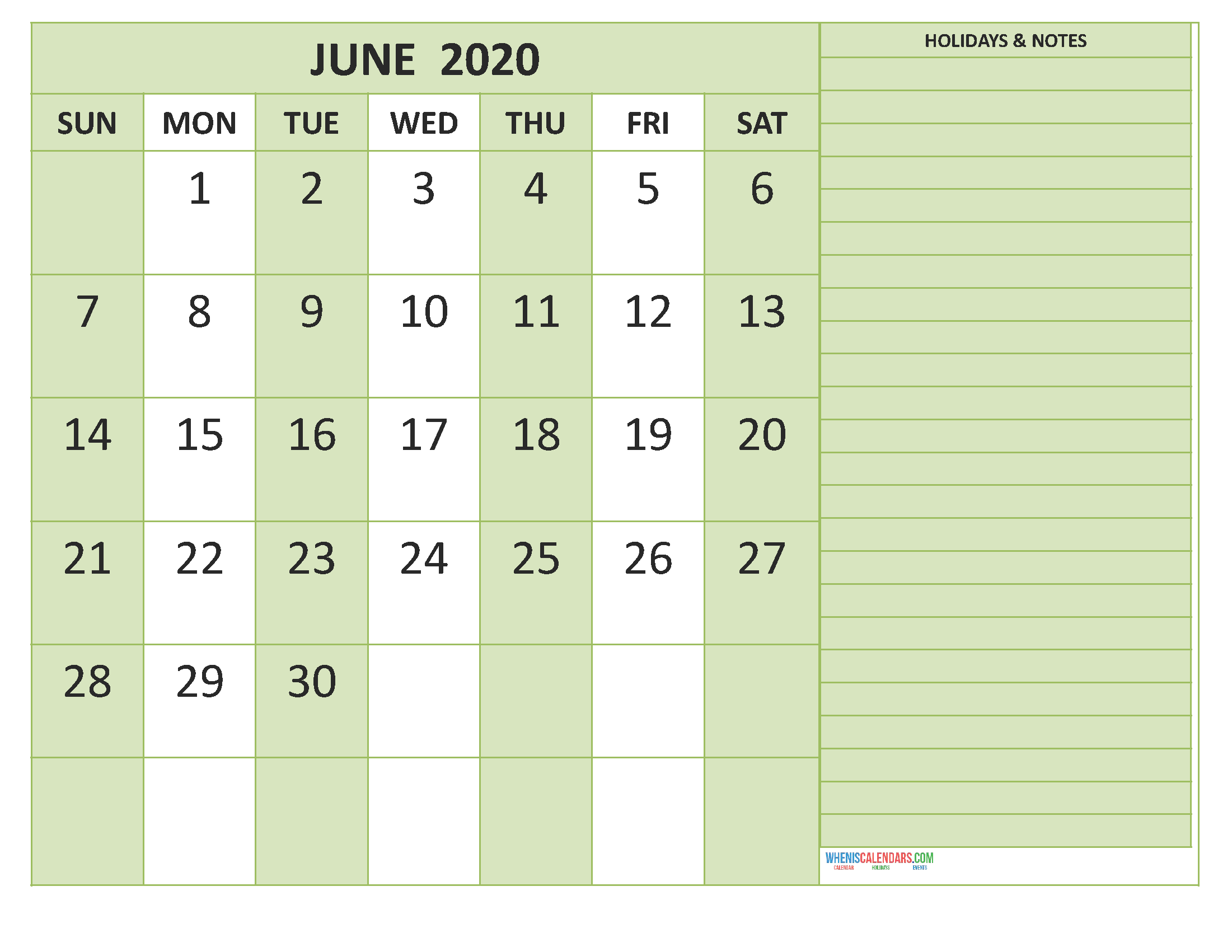 Free Printable Monthly Calendar 2020 June with Holidays