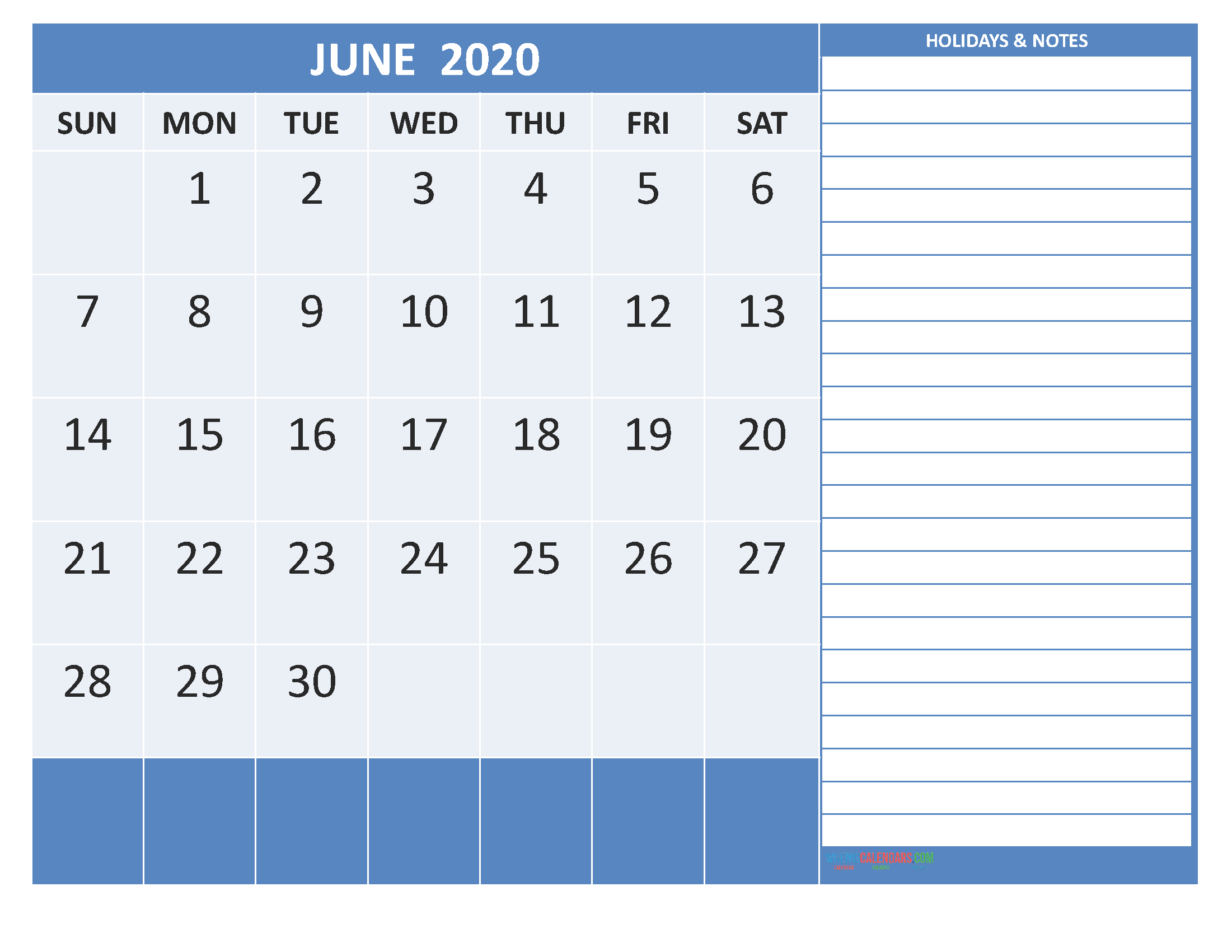Printable June 2020 Calendar with Holidays Word