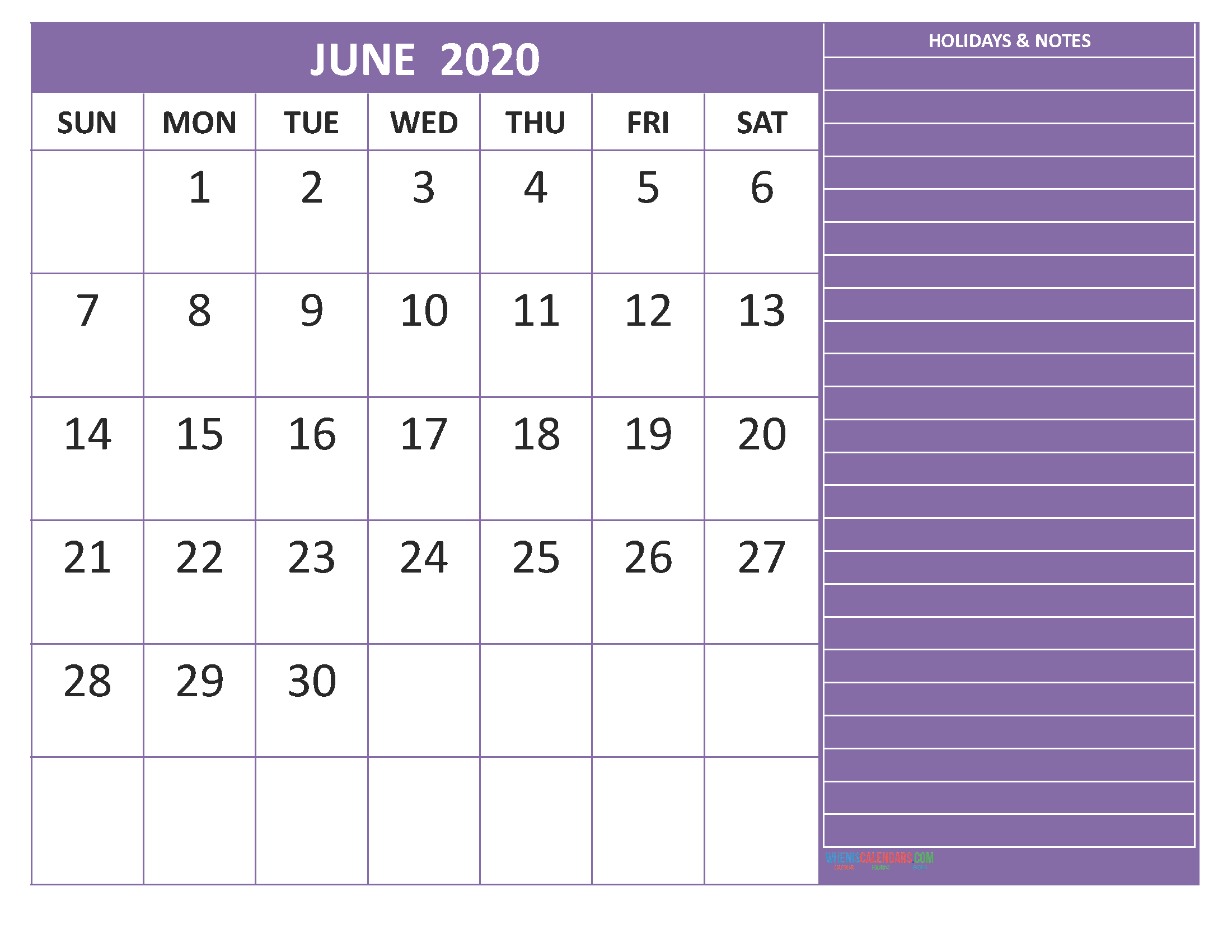 June 2020 Calendar with Holidays Free Printable by Word