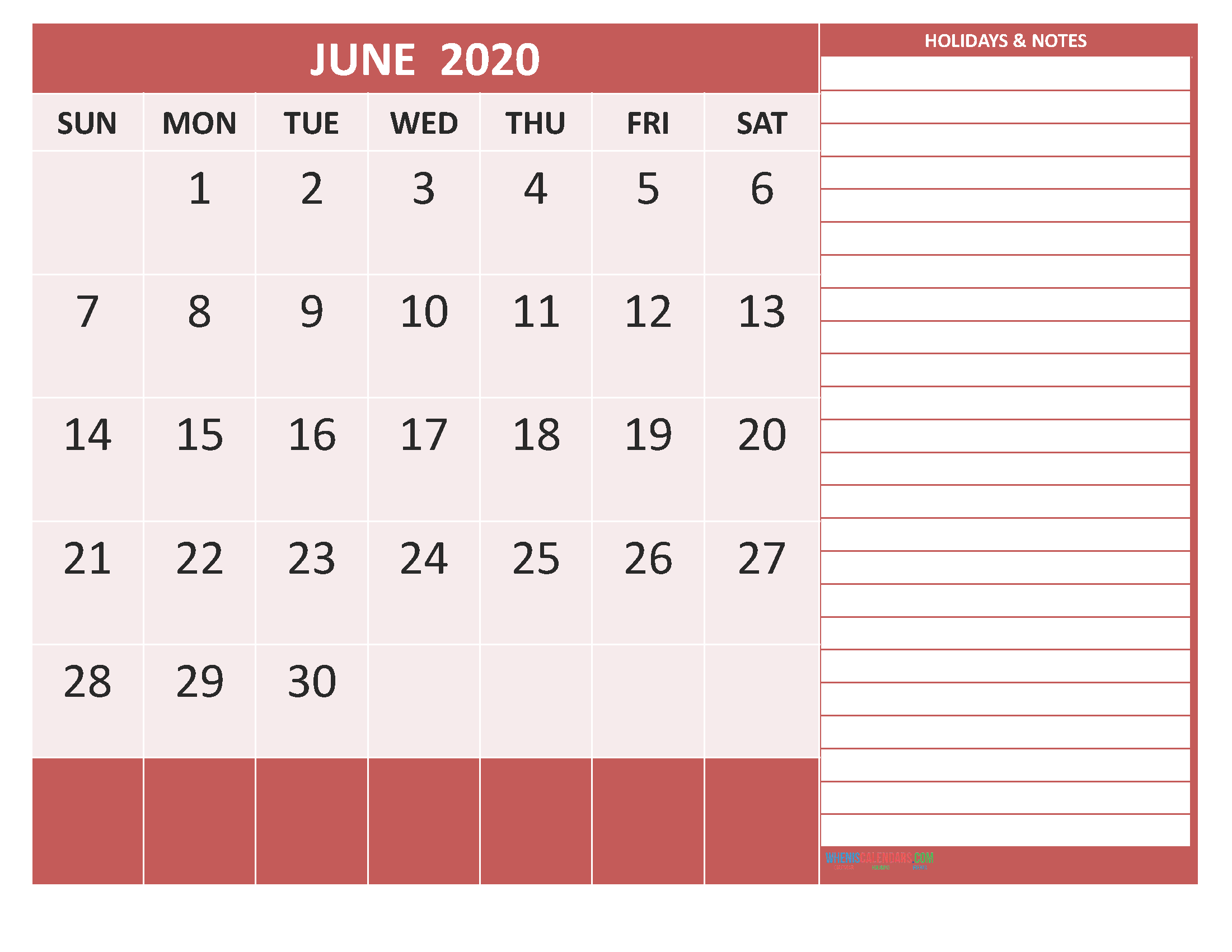 June 2020 Calendar with Holidays Free Printable by Word