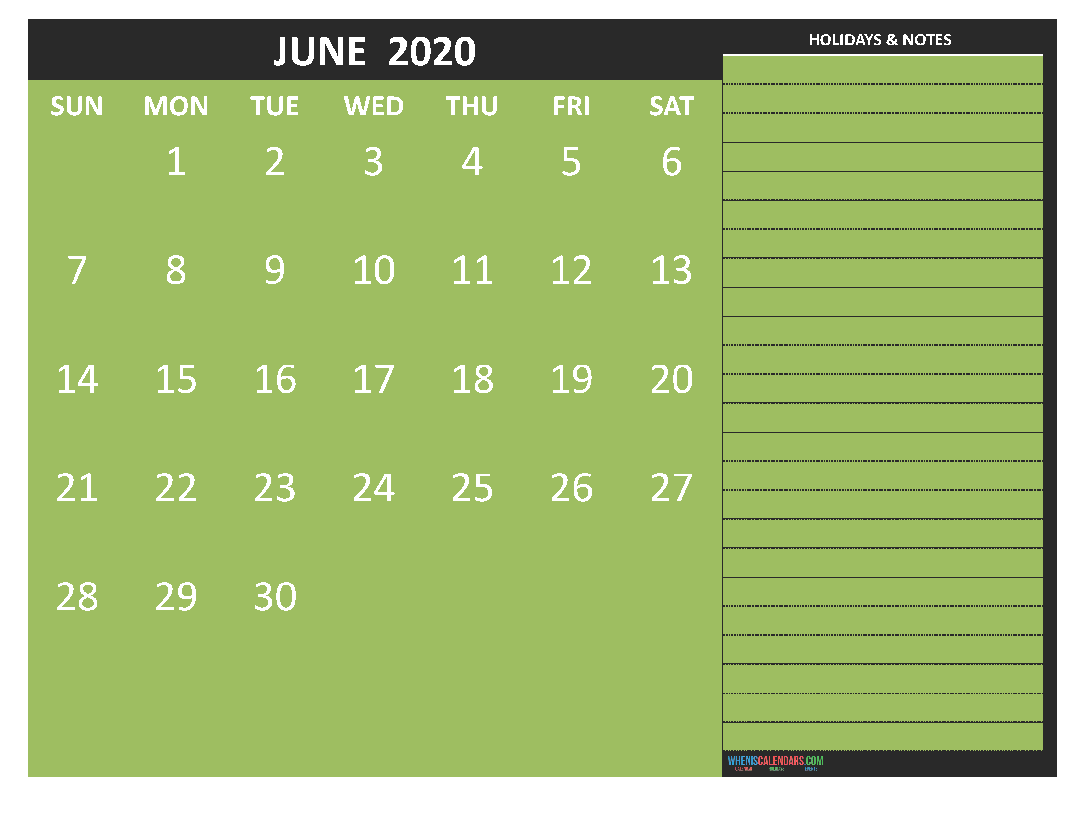 Free Monthly Printable Calendar 2020 June with Holidays