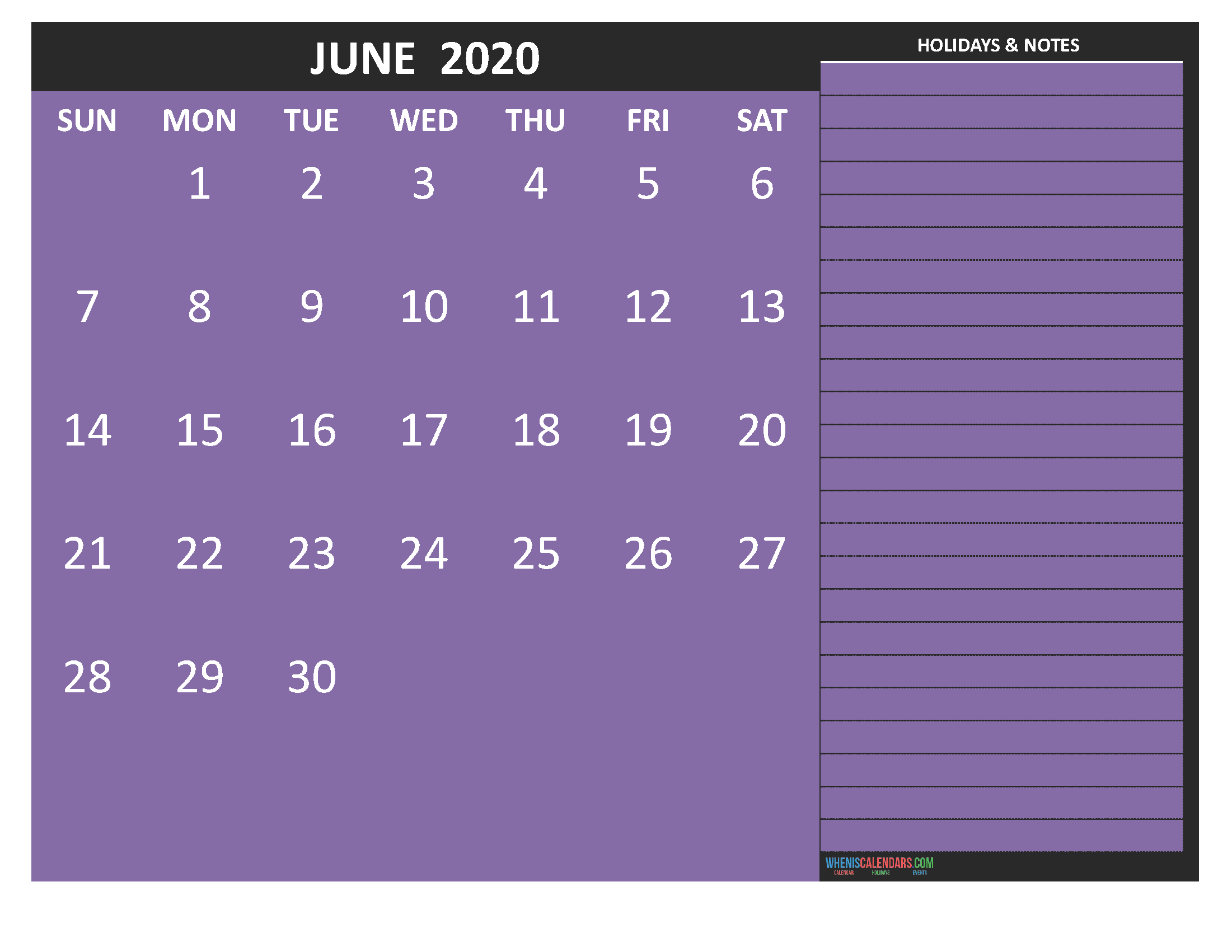 Free Printable June 2020 Calendar with Holidays