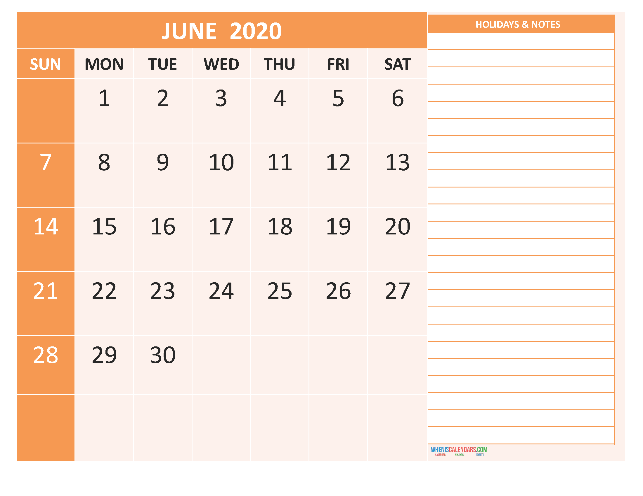 Free Monthly Printable Calendar 2020 June with Holidays