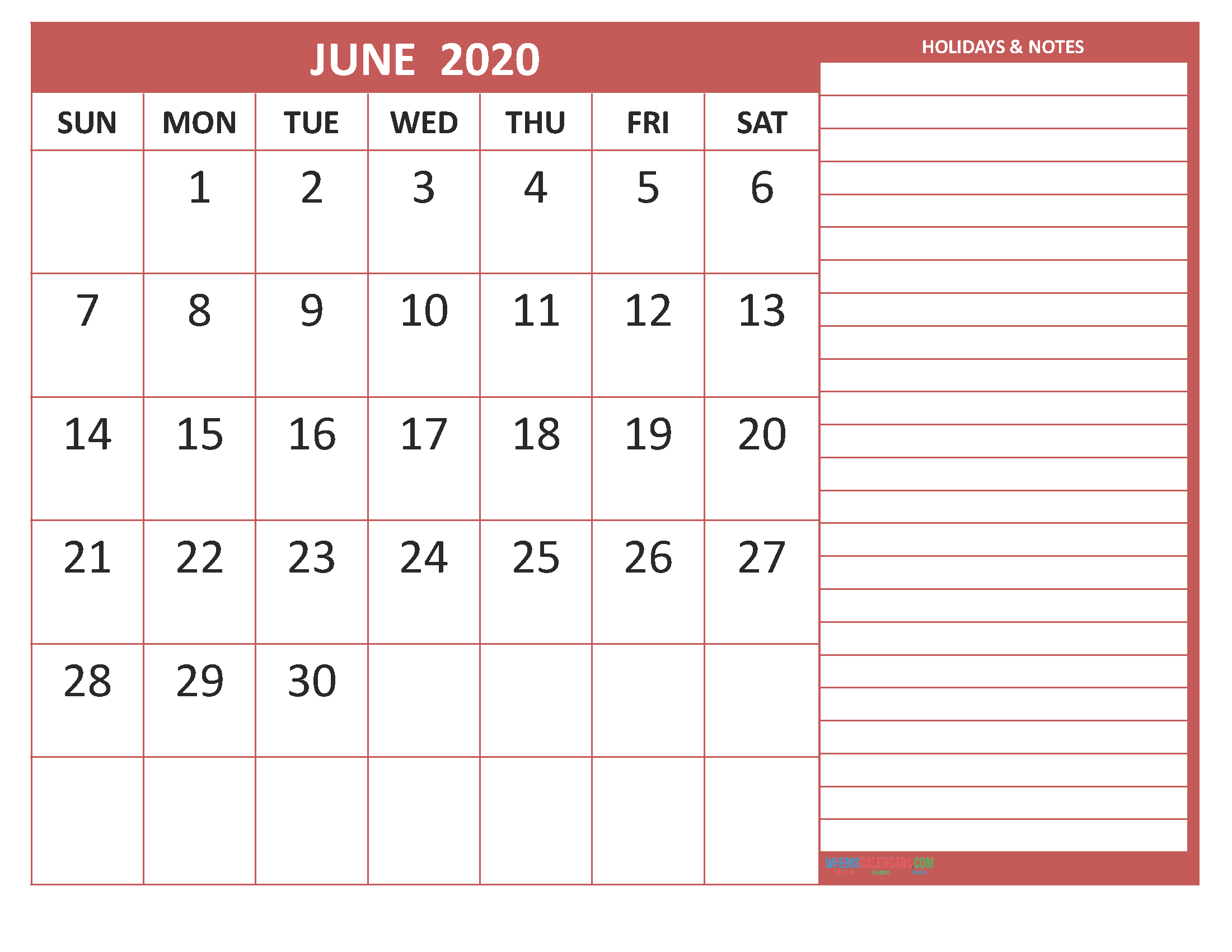 Printable June 2020 Calendar with Holidays Word