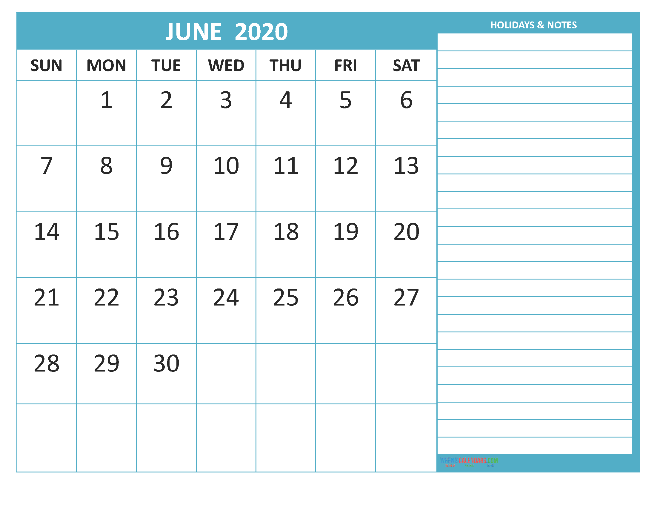 Free Printable Monthly Calendar 2020 June with Holidays