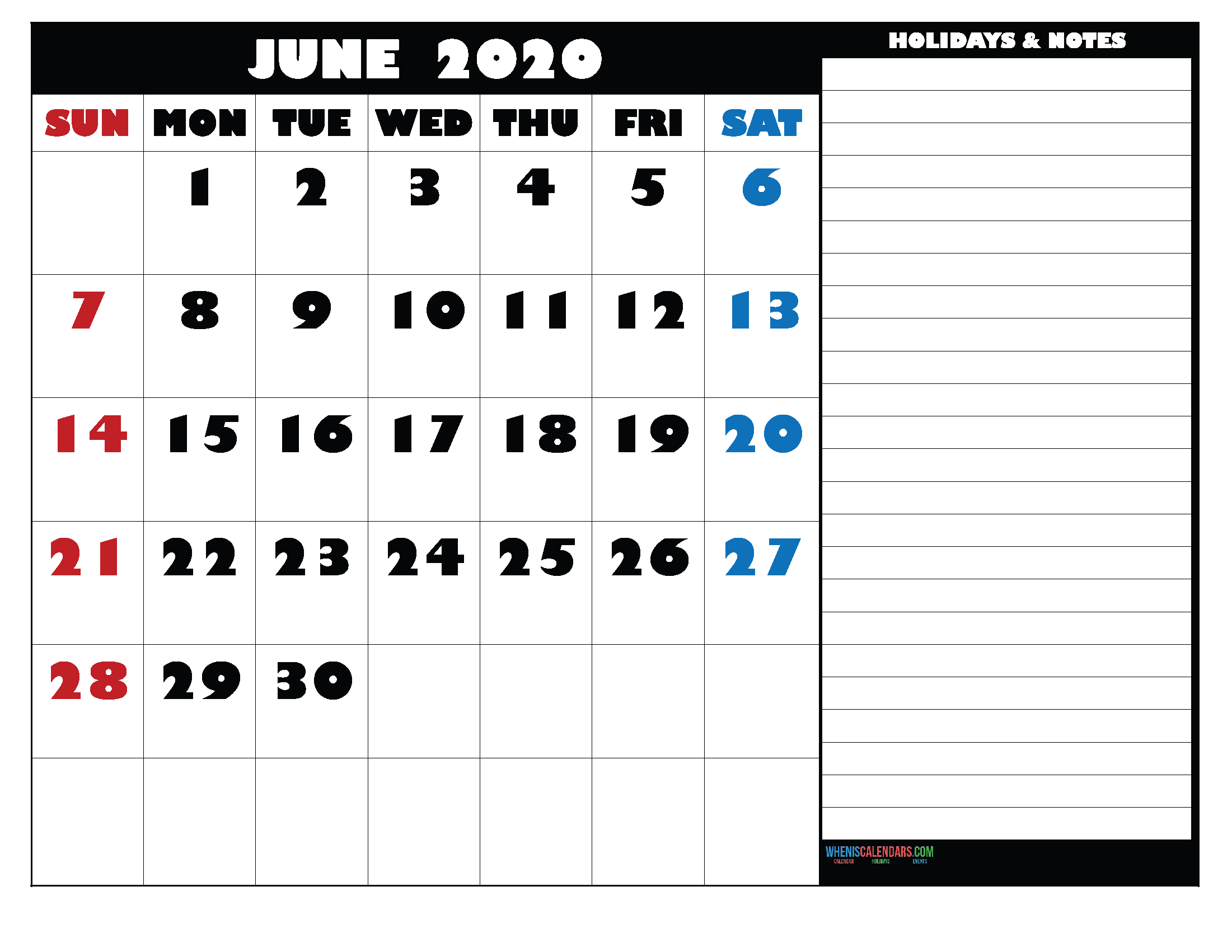 June 2020 Calendar with Holidays Free Printable
