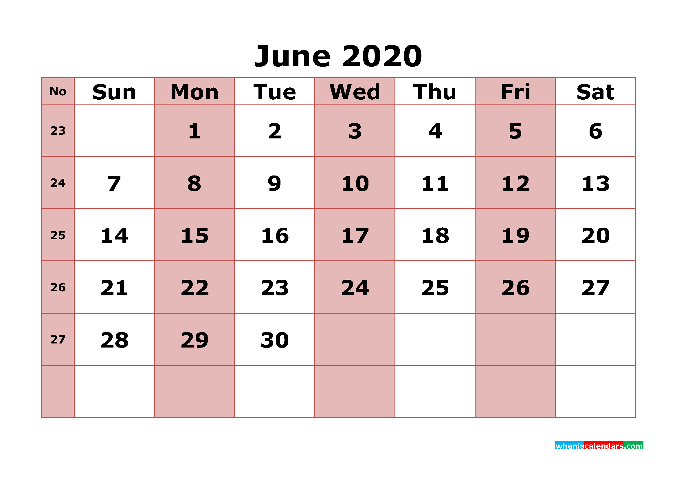 Printable June 2020 Calendar with Week Numbers