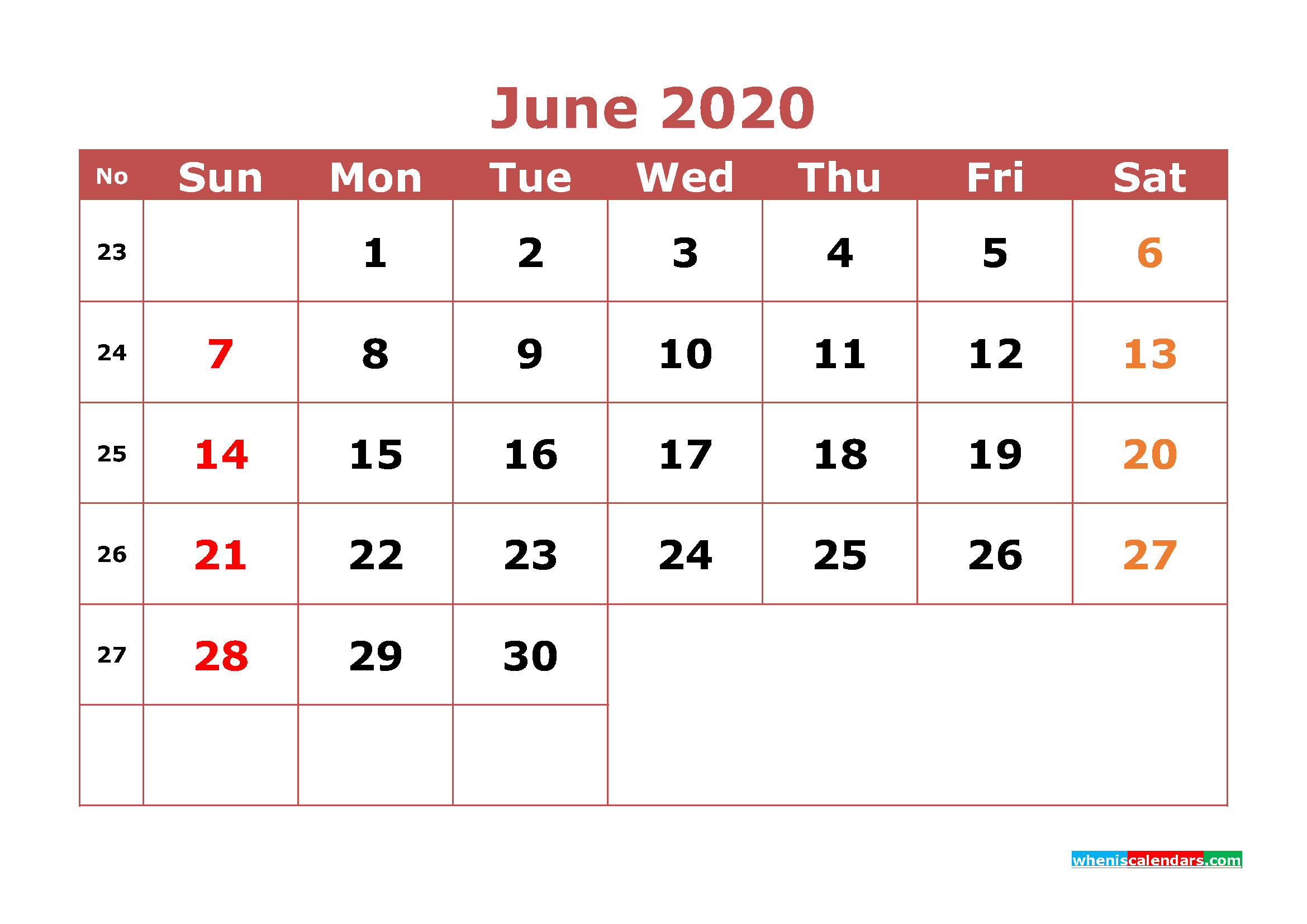 Free Printable June 2020 Calendar Word, PDF