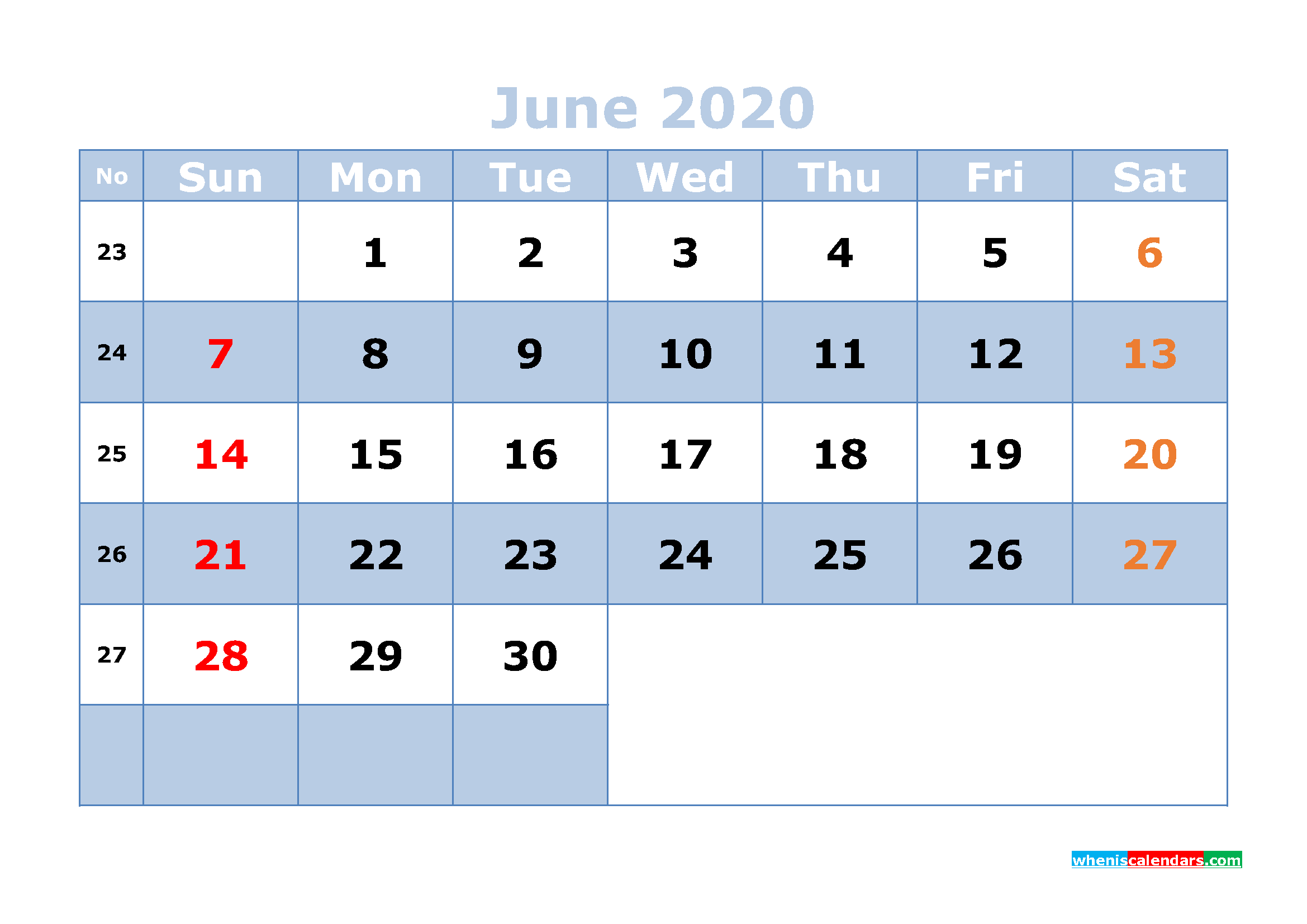 Free Printable June 2020 Calendar with Week Numbers