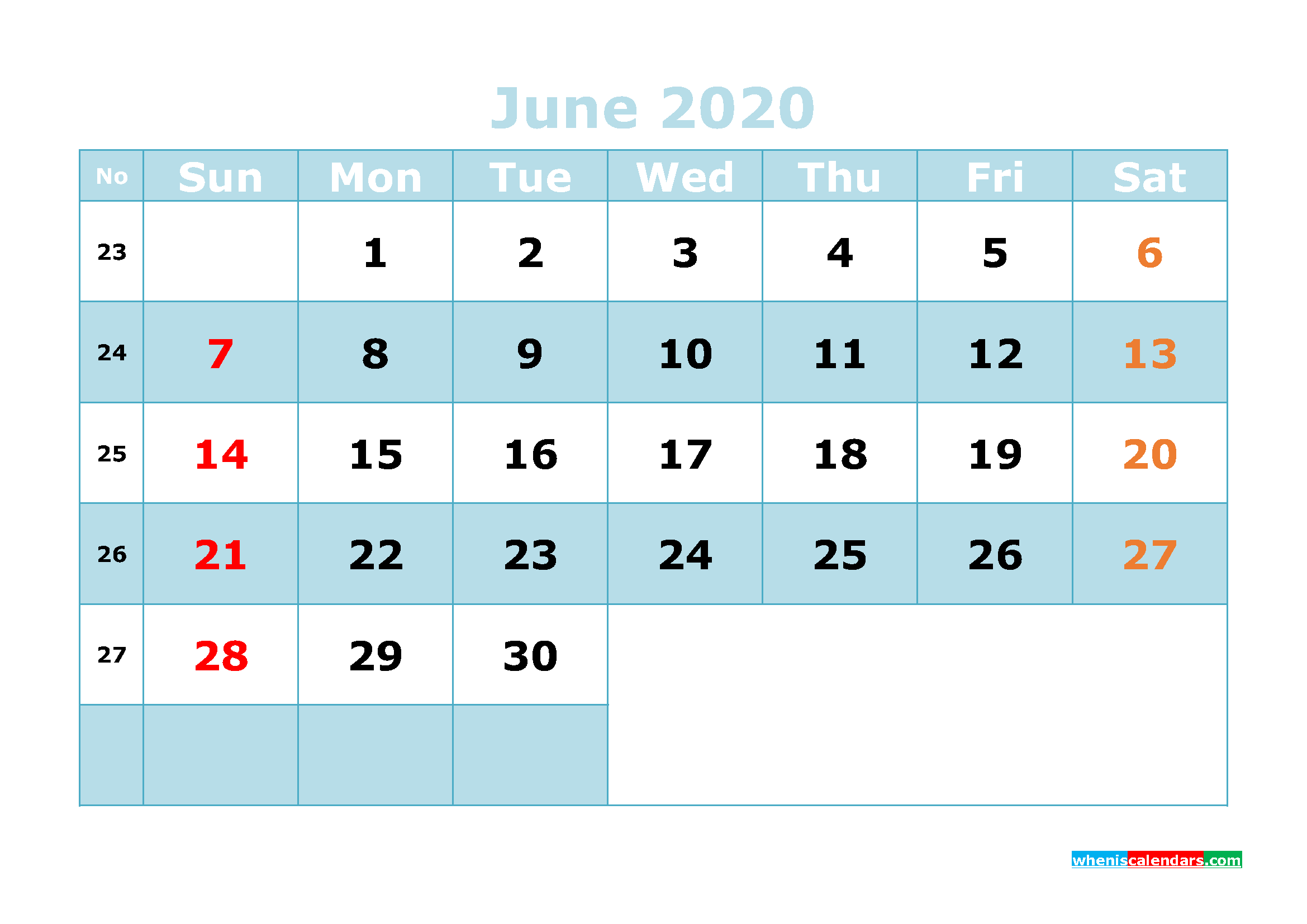 Free Printable June 2020 Calendar Template Word