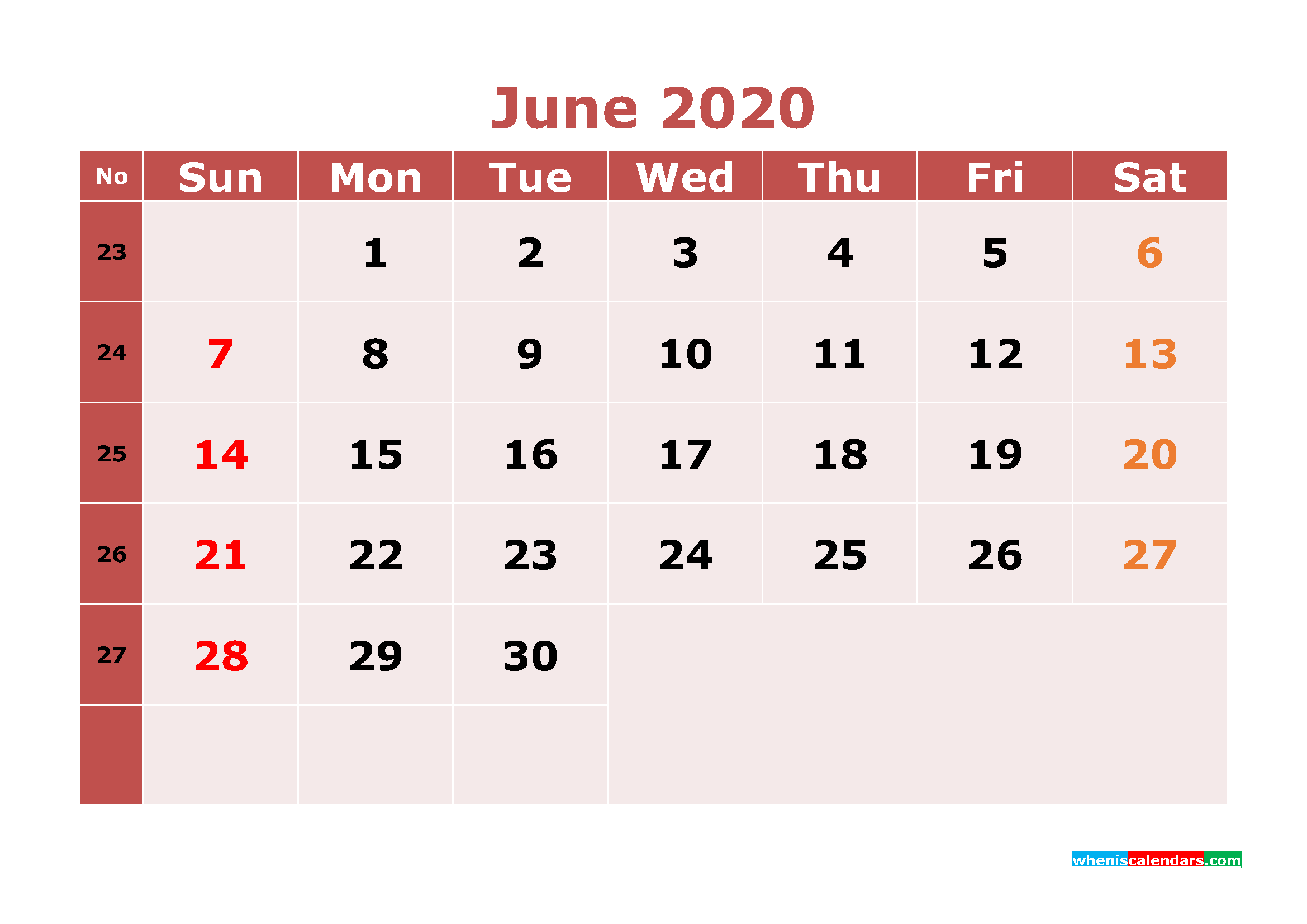 Free Printable June 2020 Calendar Word, PDF