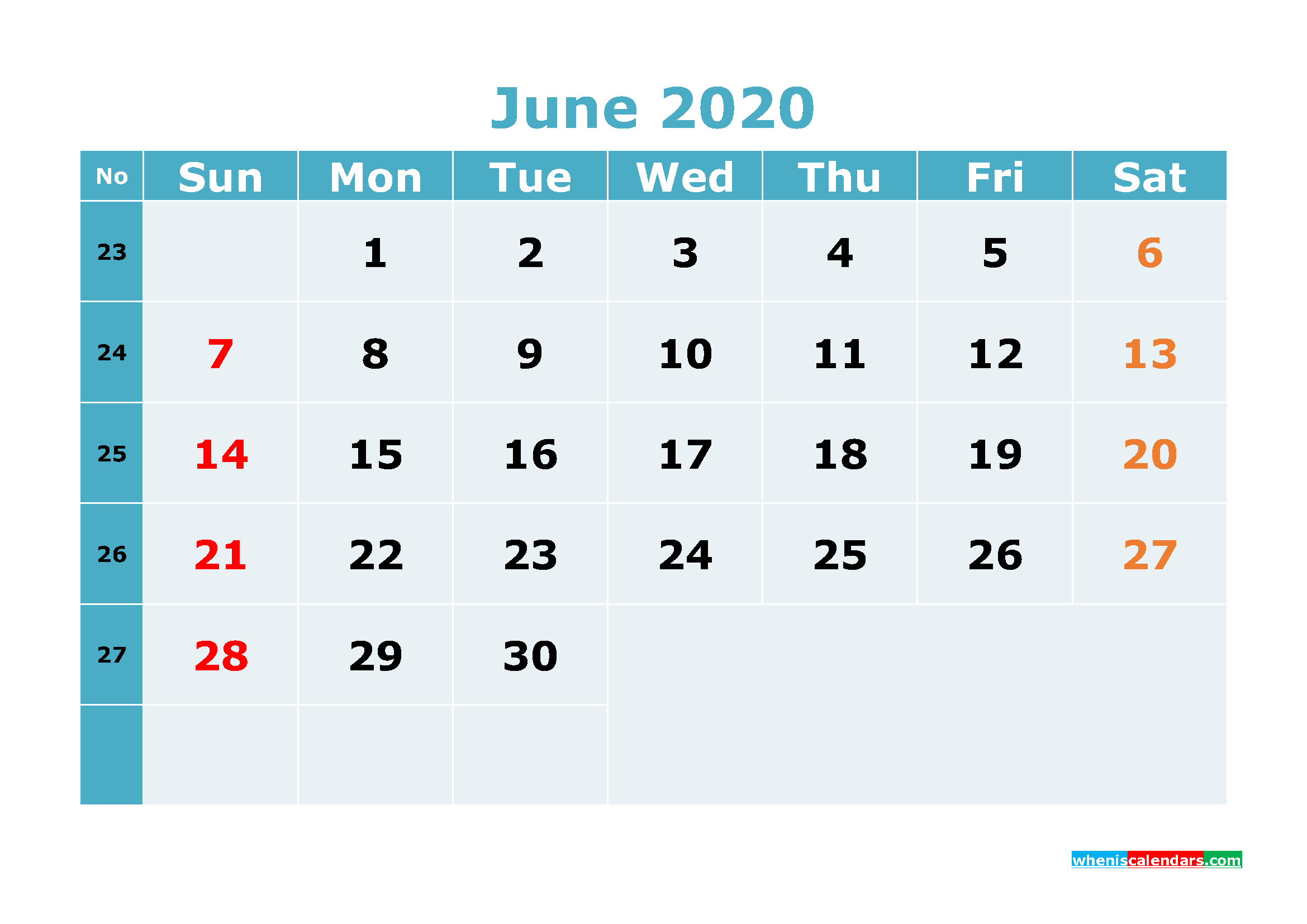 Free Printable June 2020 Calendar Template Word