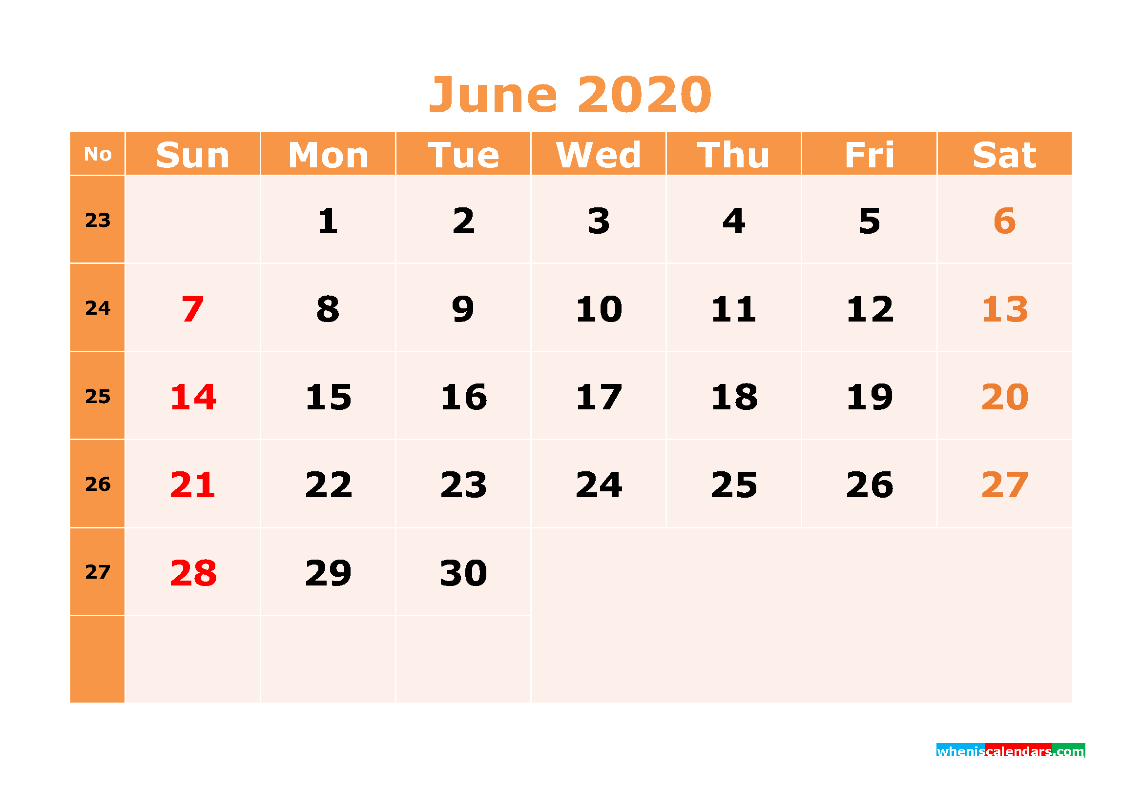 Printable June 2020 Calendar Template Word, PDF