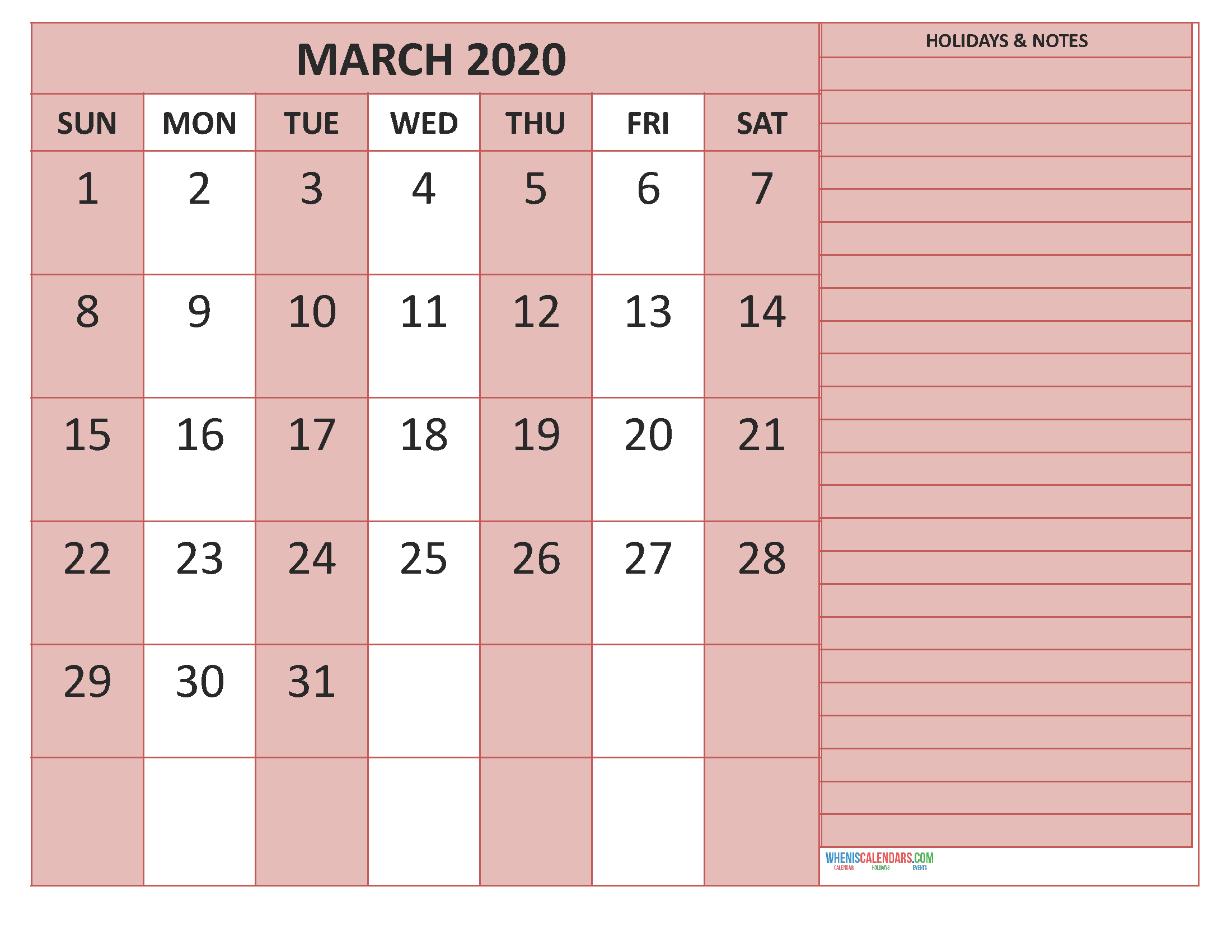 Free March 2020 Monthly Calendar Template Word