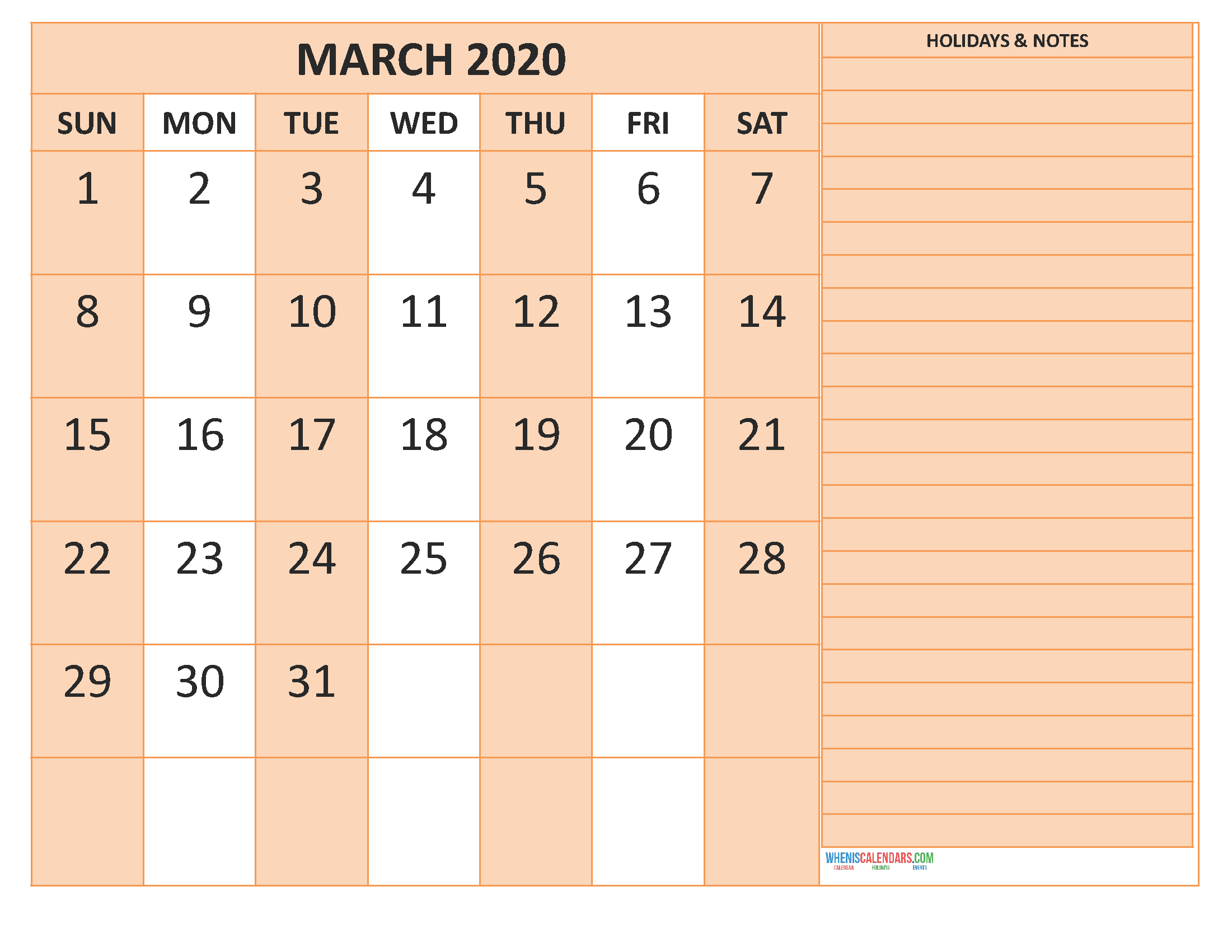 Free Printable Monthly 2020 Calendar with Holidays March