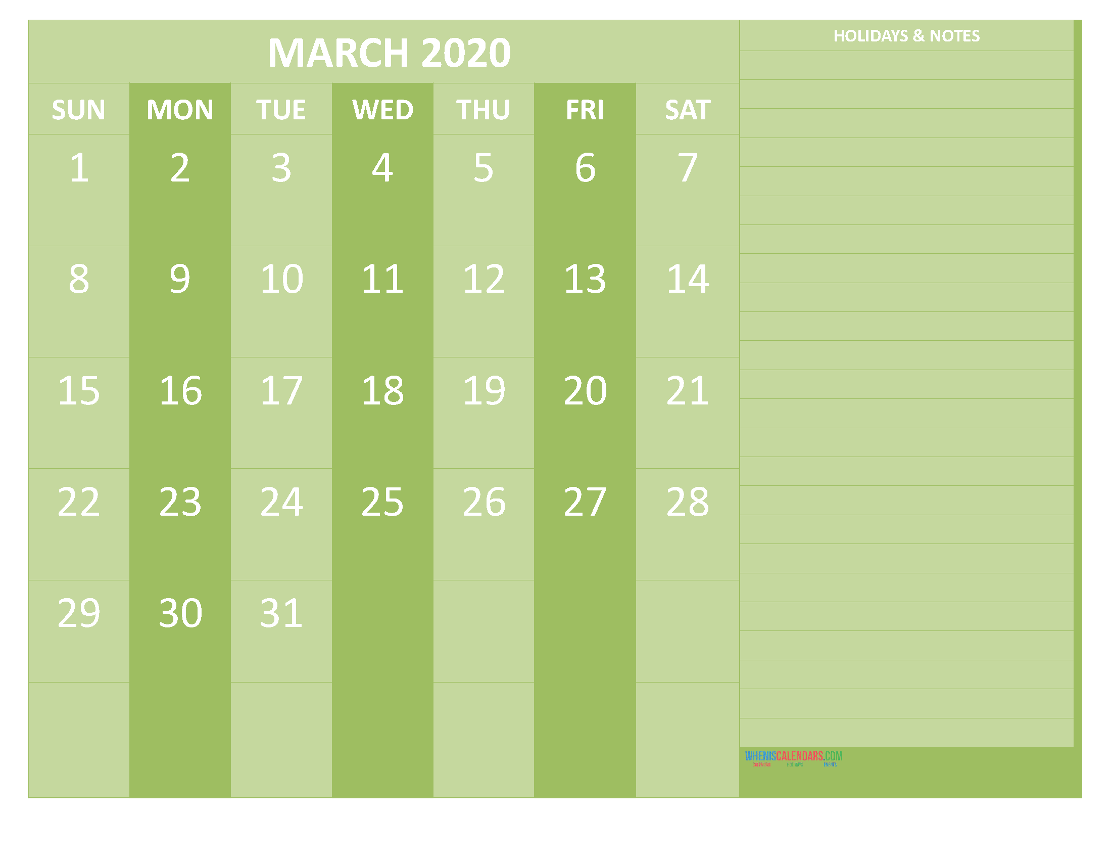 Free March 2020 Monthly Calendar Template Word