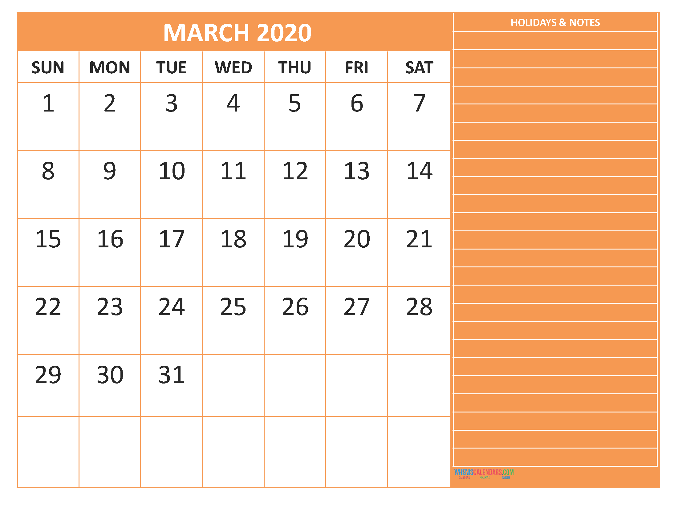 March 2020 Calendar with Holidays Word, PDF