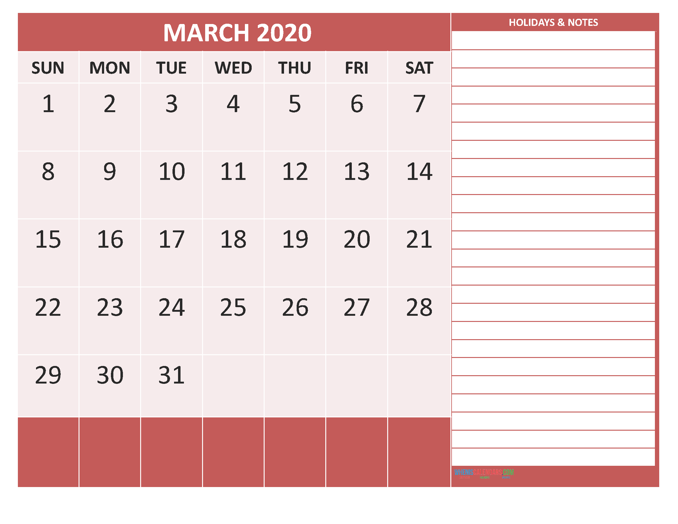 March 2020 Calendar with Holidays Free Printable by Word