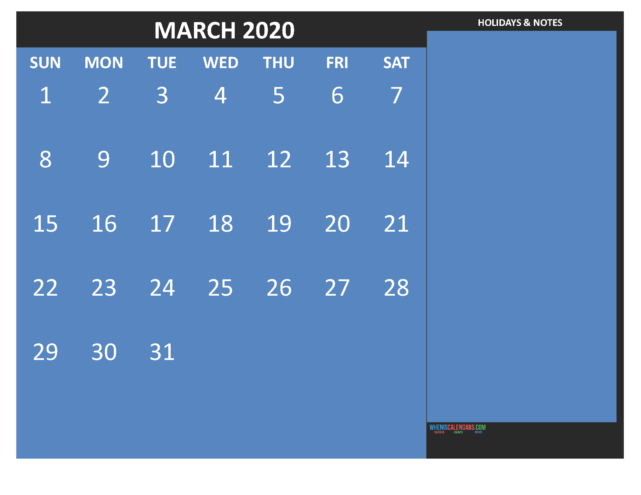 Free Printable Monthly Calendar 2020 March with Holidays