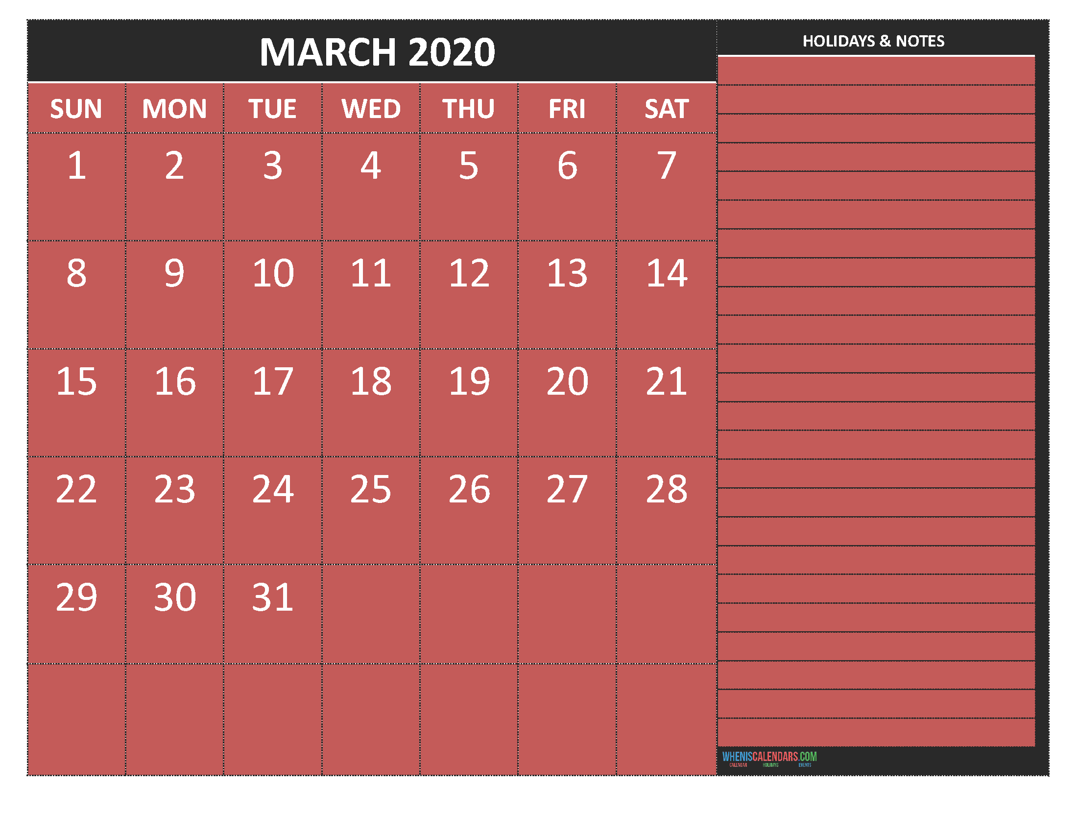 March 2020 Calendar with Holidays Free Printable