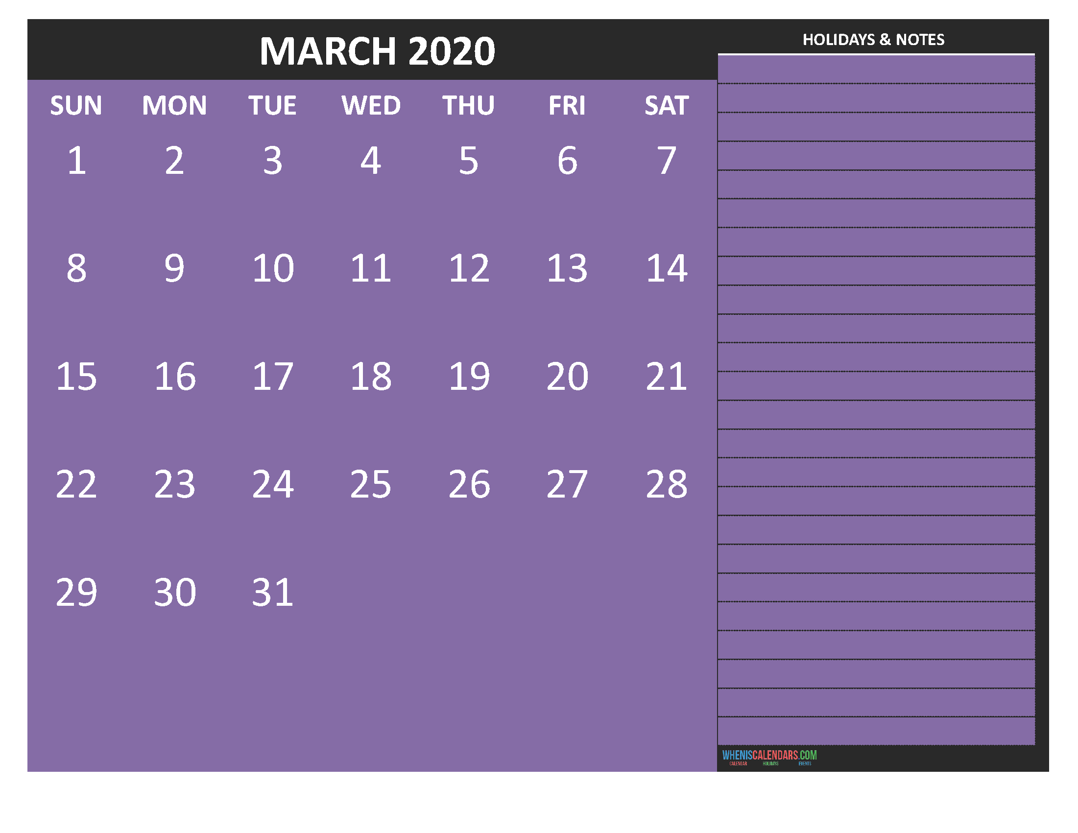 Free Printable March 2020 Calendar with Holidays