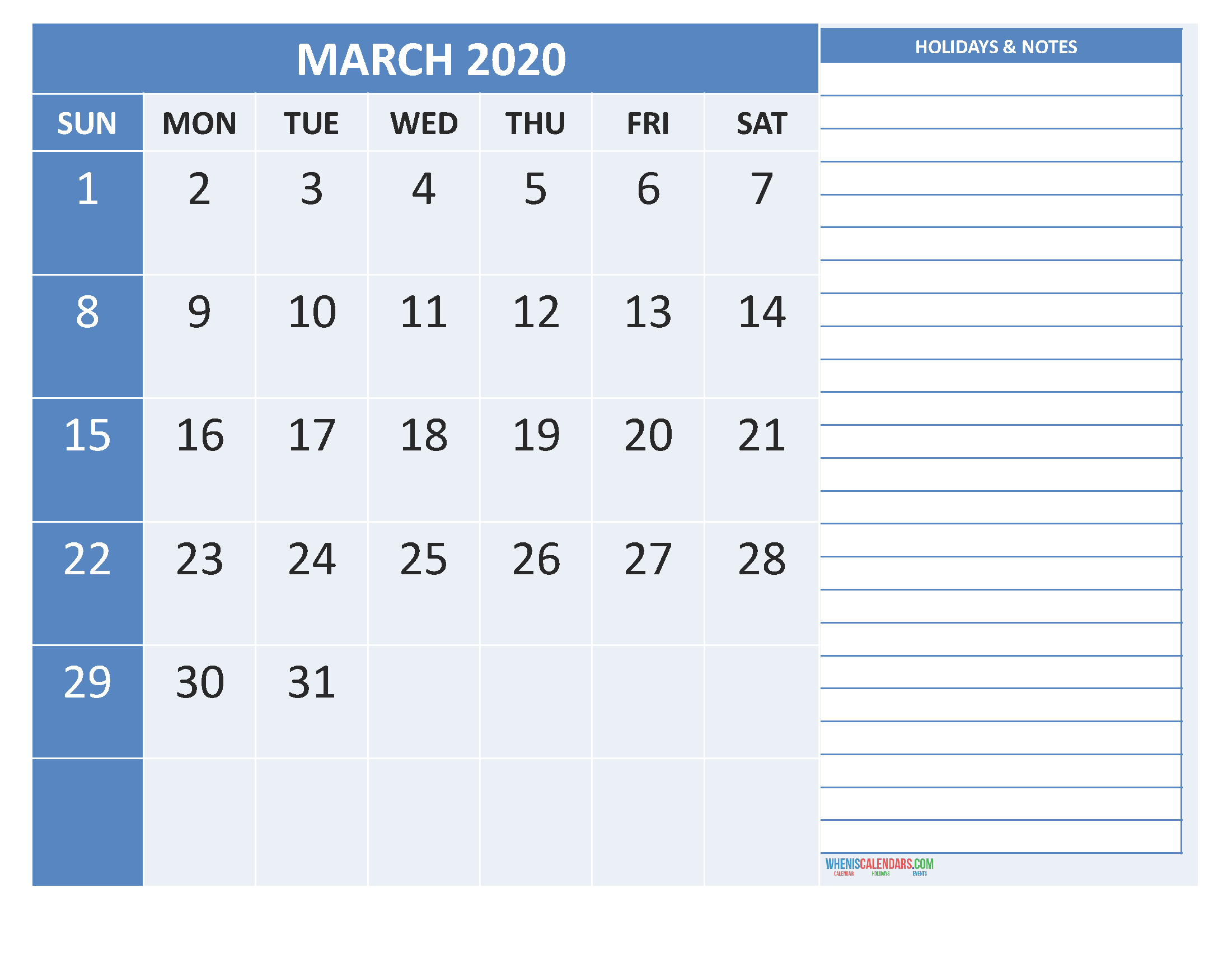 Free Printable Monthly 2020 Calendar with Holidays March