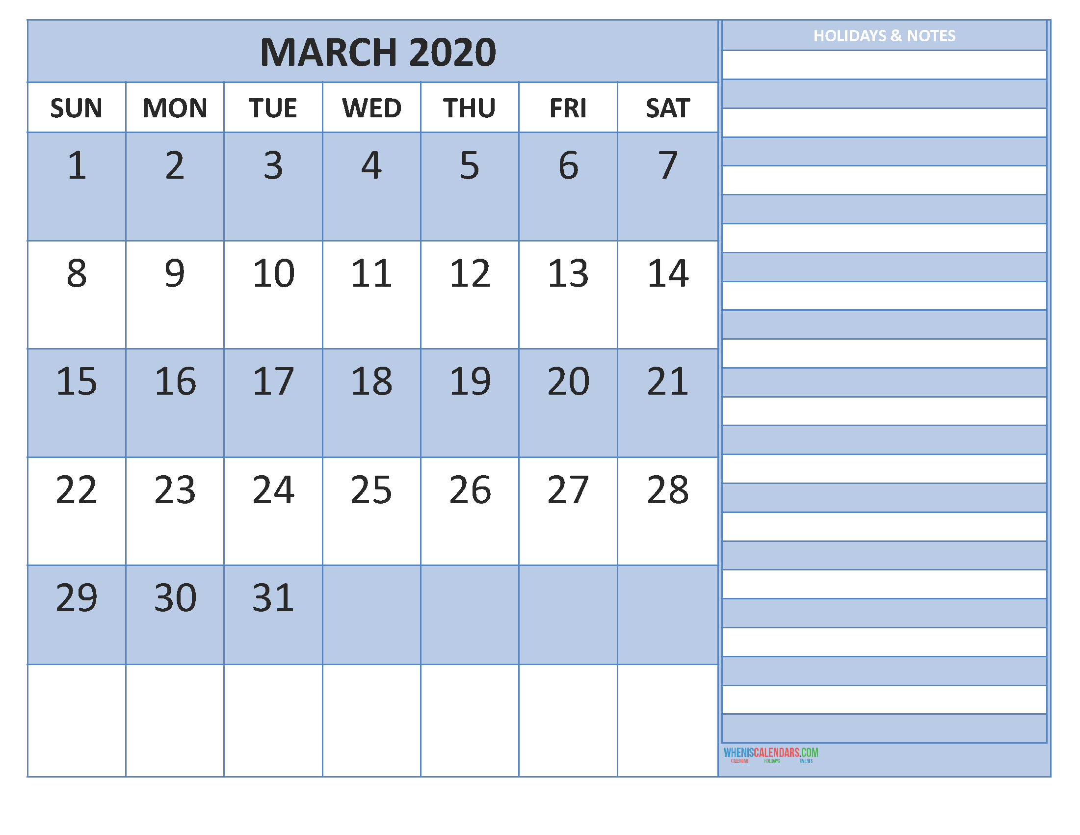 Free Monthly Printable Calendar 2020 March with Holidays