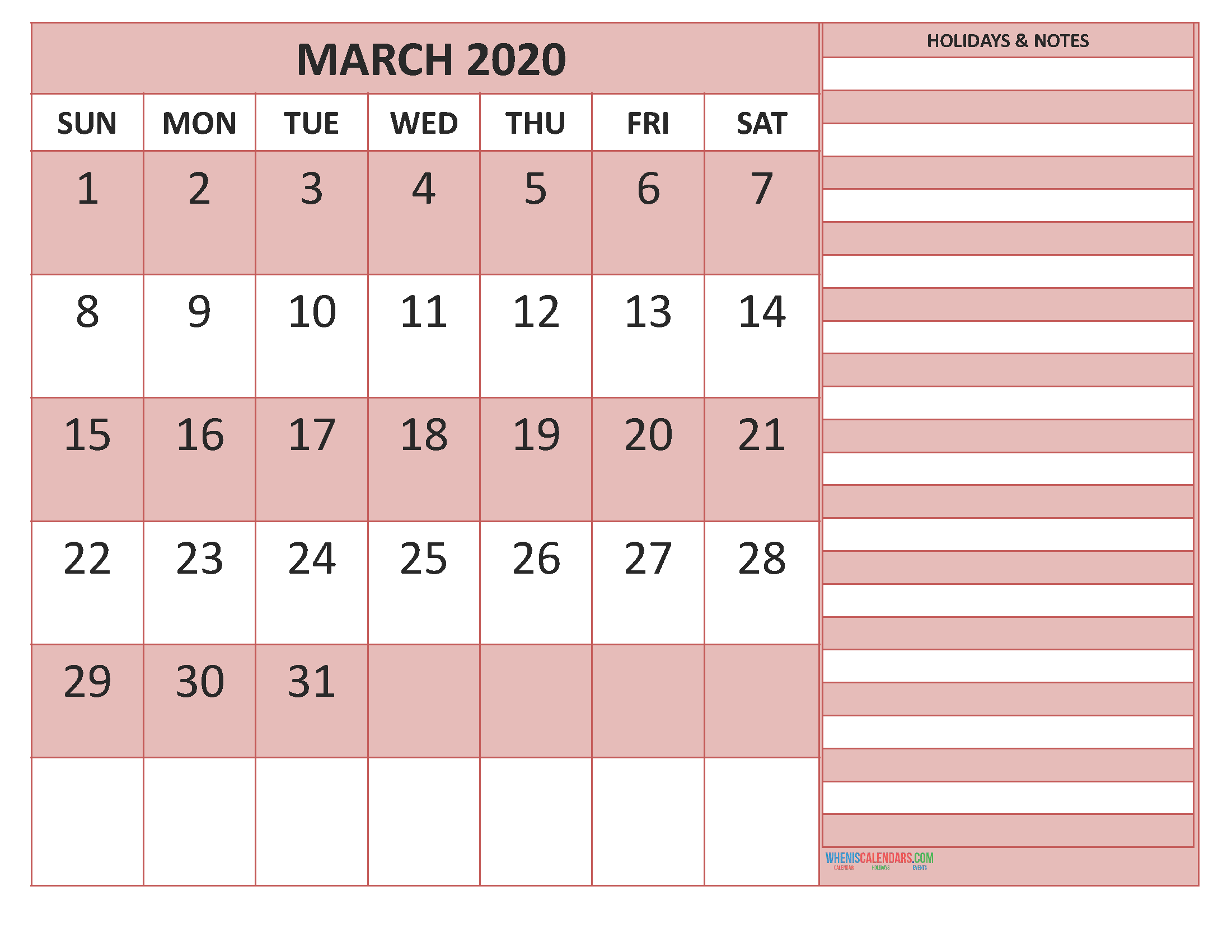 March 2020 Calendar with Holidays Free Printable