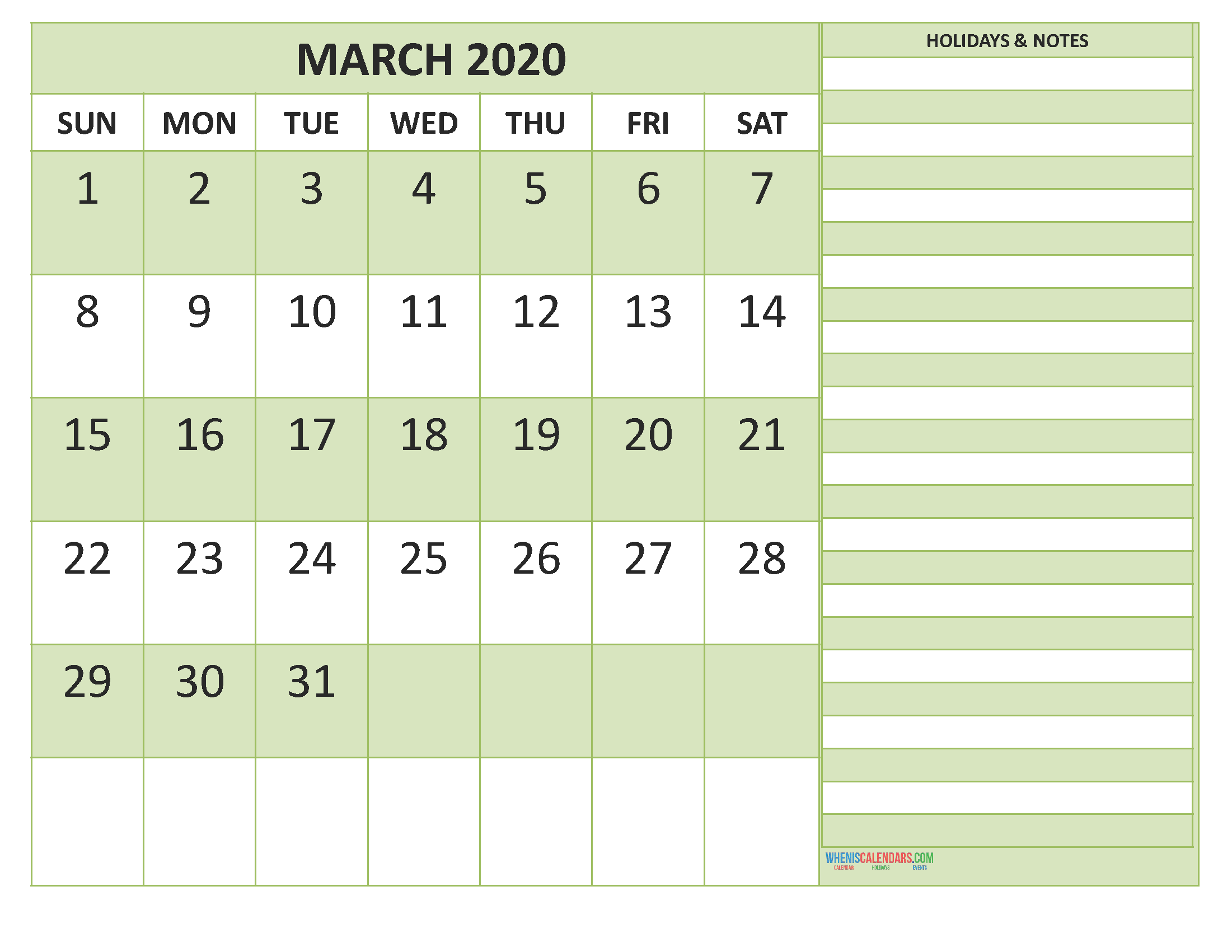 March 2020 Calendar with Holidays Free Printable by Word