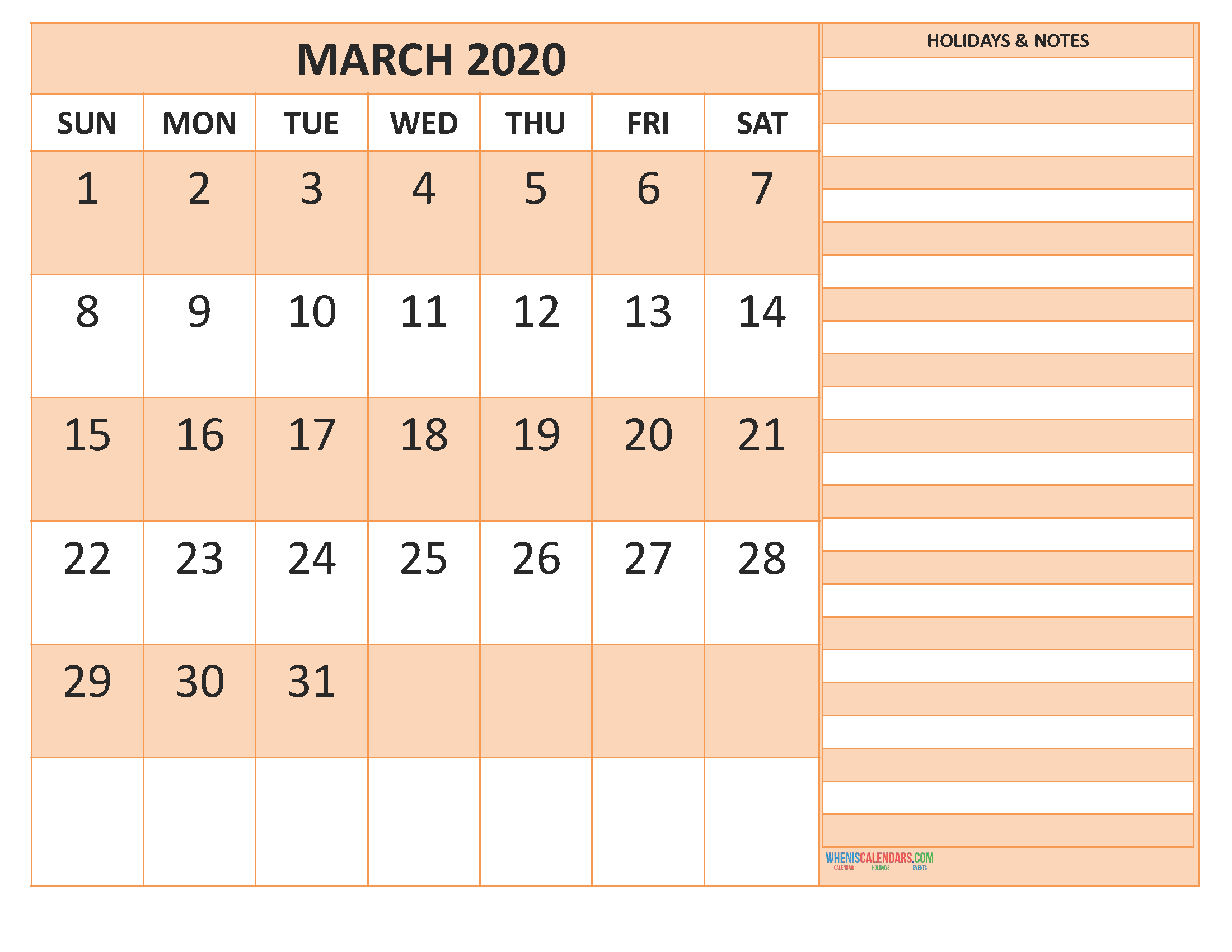 Printable March 2020 Calendar with Holidays Word